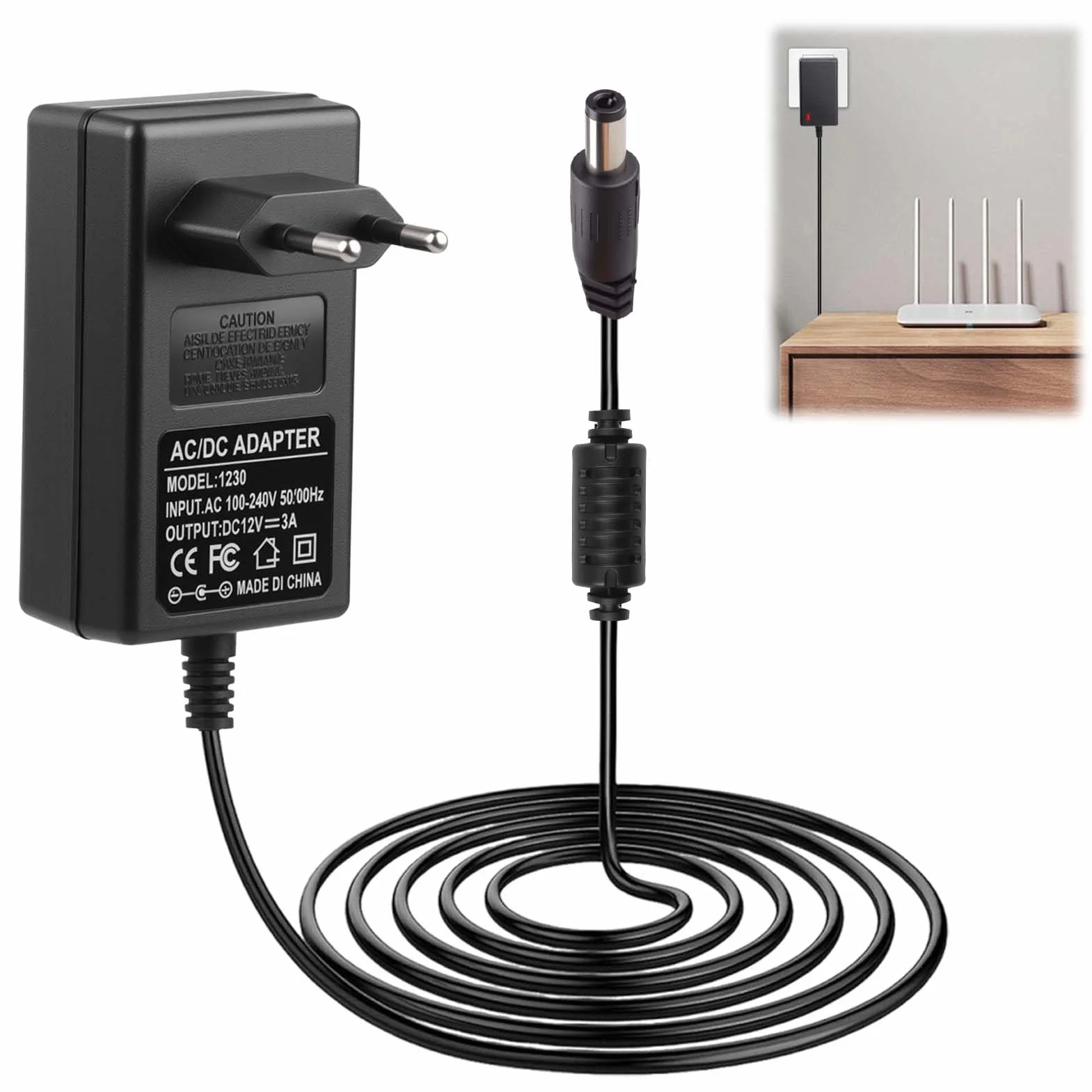 12V 3A 36W Alimentador Universal Fuente de Alimentación Adaptador de Corriente Conector DC 5,5 x 2,1 mm 50/60 Hz 100-240V Transformador de Pared para Tira LED Router Cámaras Monitores LCD