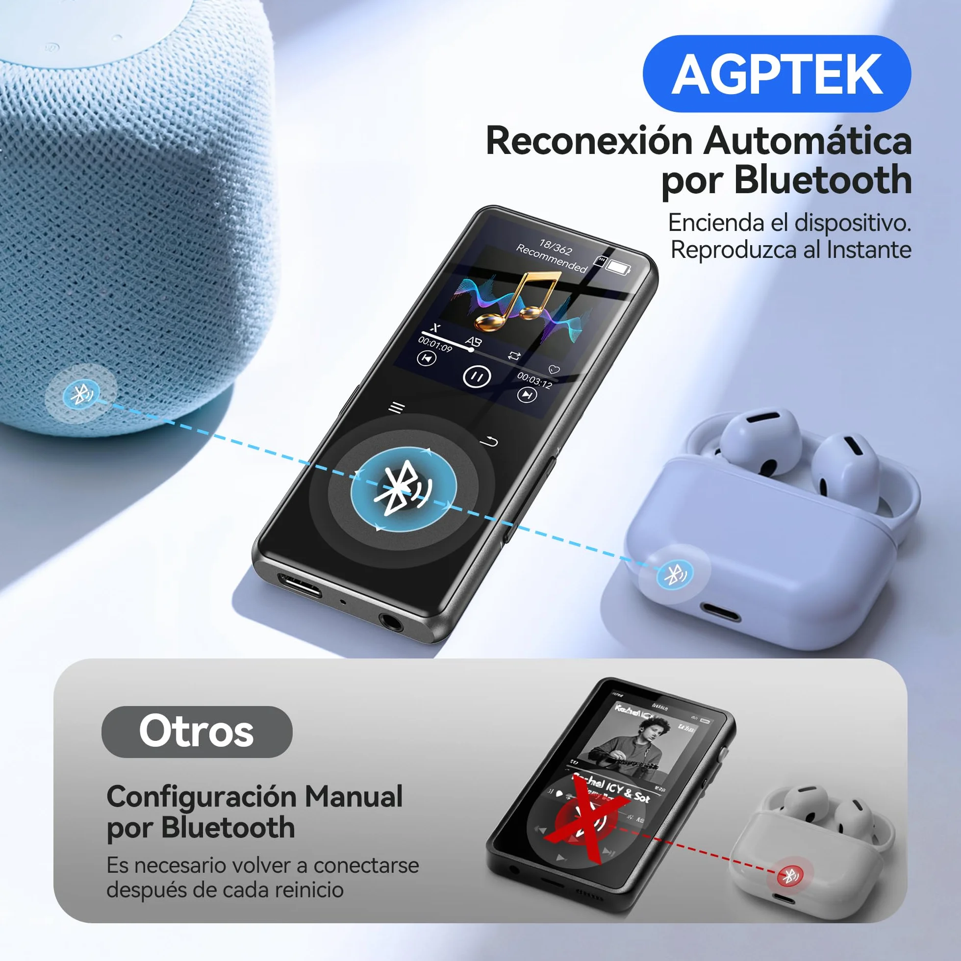 AGPTEK Reproductor MP3 Bluetooth 5.4, 1.8", Metal Portátil, Altavoz Integrado, Radio FM, Botones Táctiles, 128GB