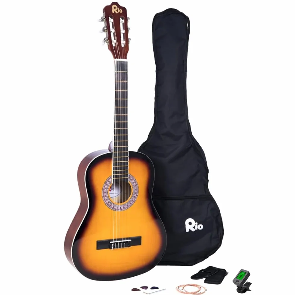 Rio Sunburst - Juego de guitarra acústica de nailon de 99 cm, 4/4, tamaño completo (Sunburst)