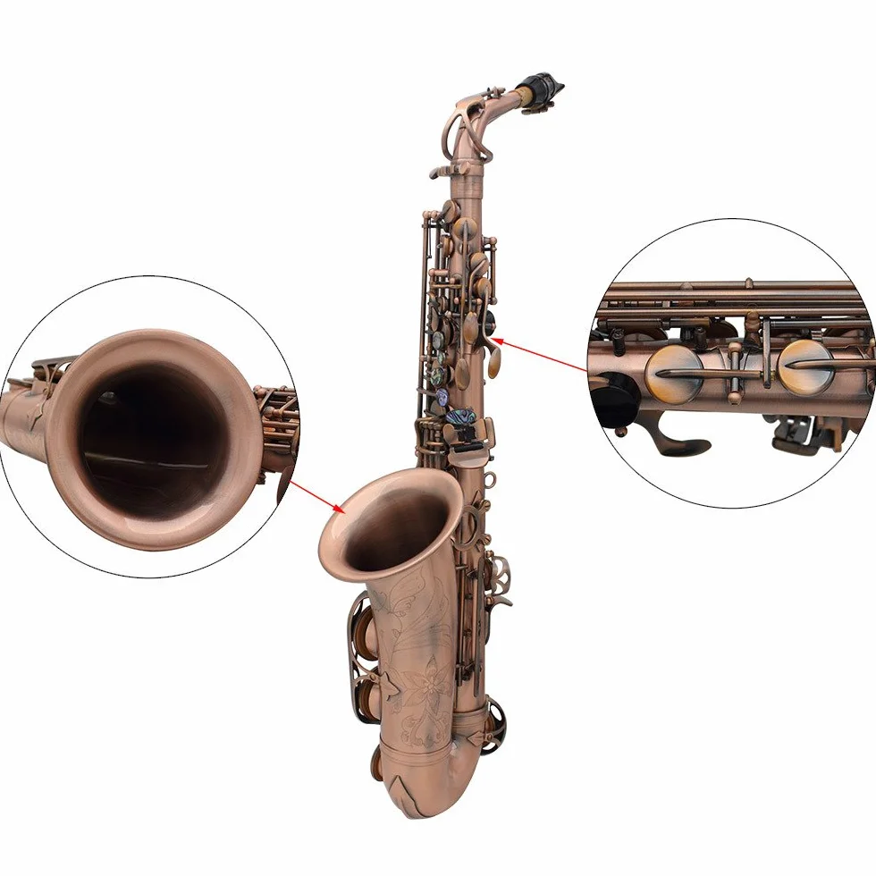 Btuty Eb E-flat Saxofón Alto Rojo-Bronce Sax Abalone-Concha Botones Patrón de Tallado con Maleta Guantes Paño de Limpieza Correa Cepillo
