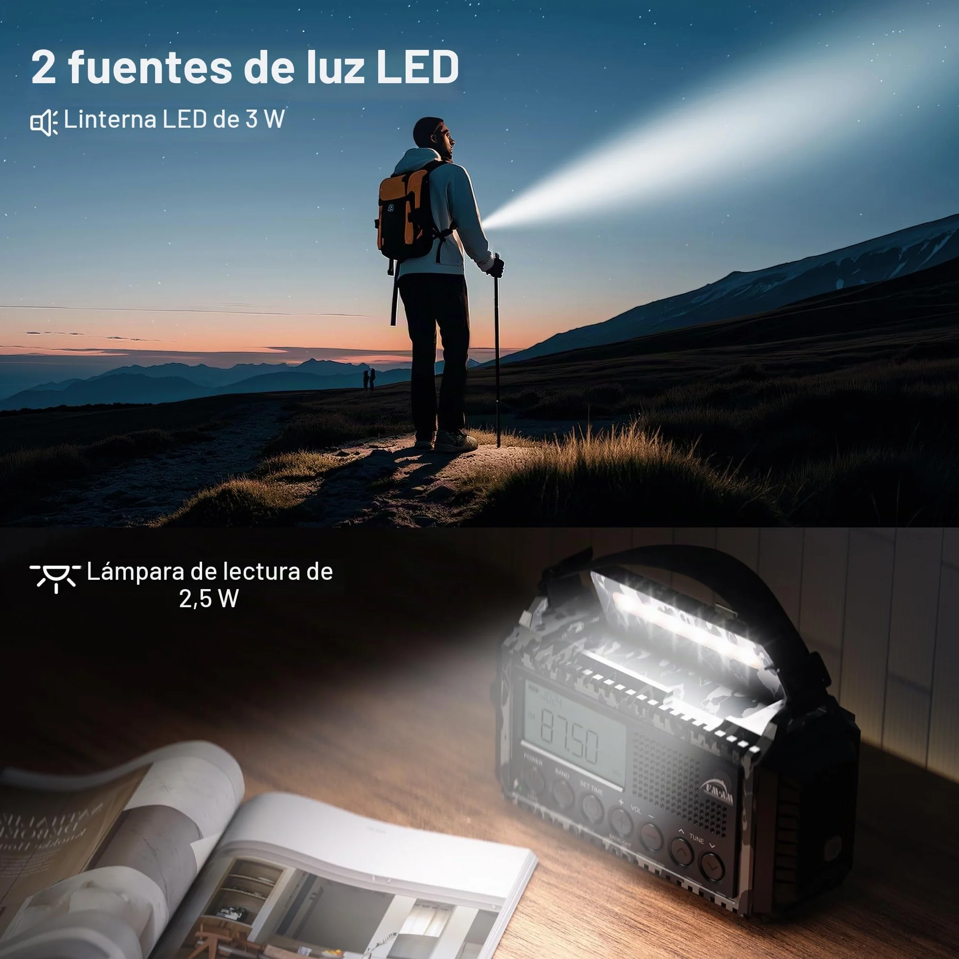Mesqool Radio de Manivela 12000 mAh Recargable Portátil AM/FM/SW Linterna Lectura Emergencia Tipo C