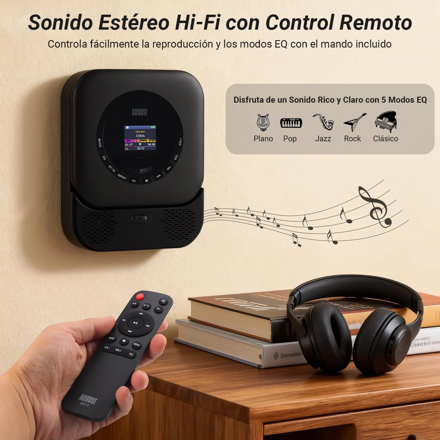 August SE15 Reproductor de CD Portátil con Bluetooth 5.3, USB, AUX In/out, Leitor CD Altavoces Estéreo 6W, Recargable Lector CD, EQ, Antigolpes, Repetición, Montaje en Pared, Auriculares y Mando