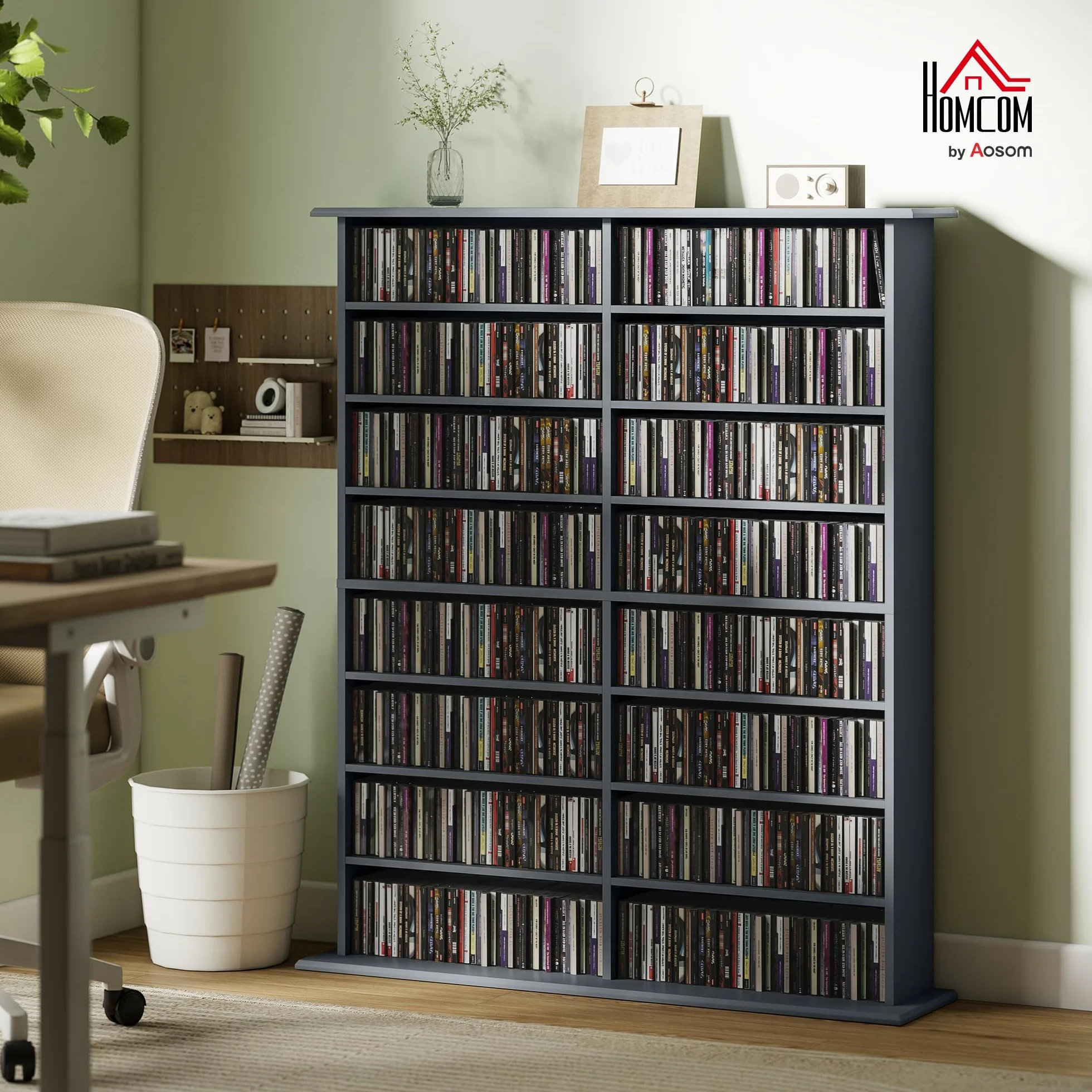HOMCOM 720 CD/396 DVD Storage Unit, 396 Blu-ray Media Storage Shelf with 16 Compartments and 12 Adjustable Shelves, CD Tower for Living Room, Bedroom, Office, Gris