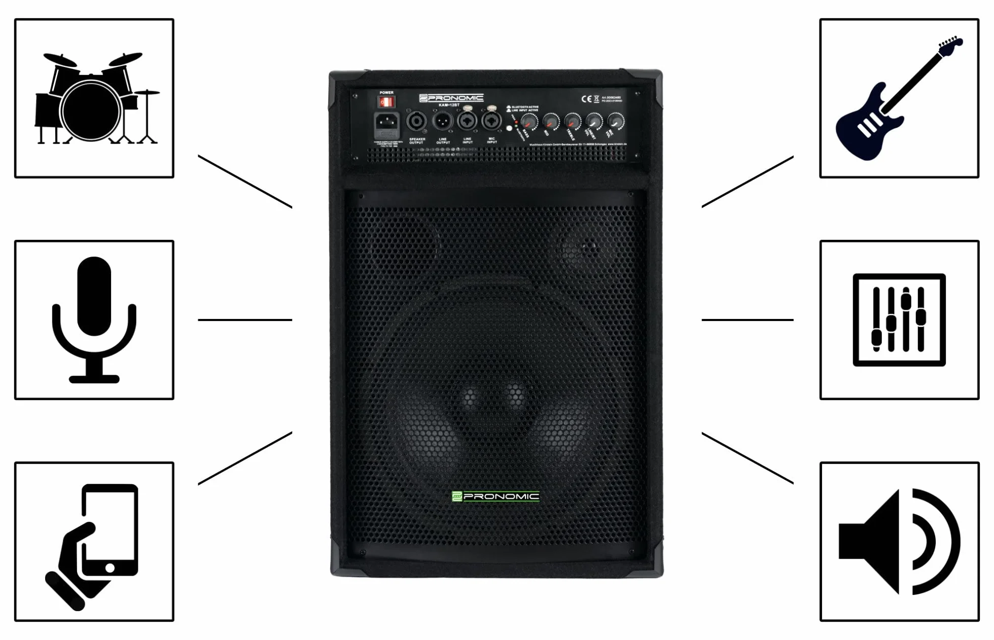 Pronomic KAM-12BT Monitor Activo de Escenario - Altavoz PA Monitor con Bluetooth - 120 Vatios (RMS), Ecualizador de 3 Bandas - Woofer de 12" - Tweeter de 3"