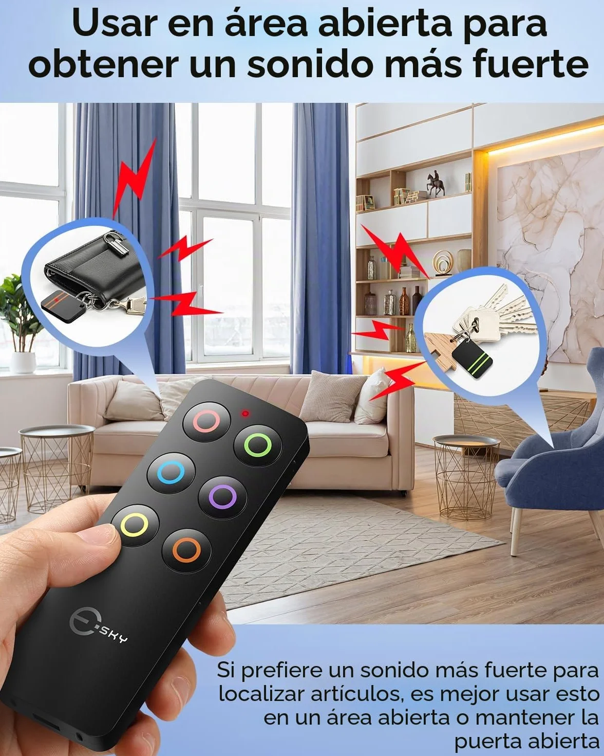 Esky Localizador de Llaves, Buscador de Llaves ES-KF02 Localizador Inalámbrico de Llaves con Base de Soporte y LED Control Remoto 1 Radio Frecuencia Transmisor 4 Receptores-Negro