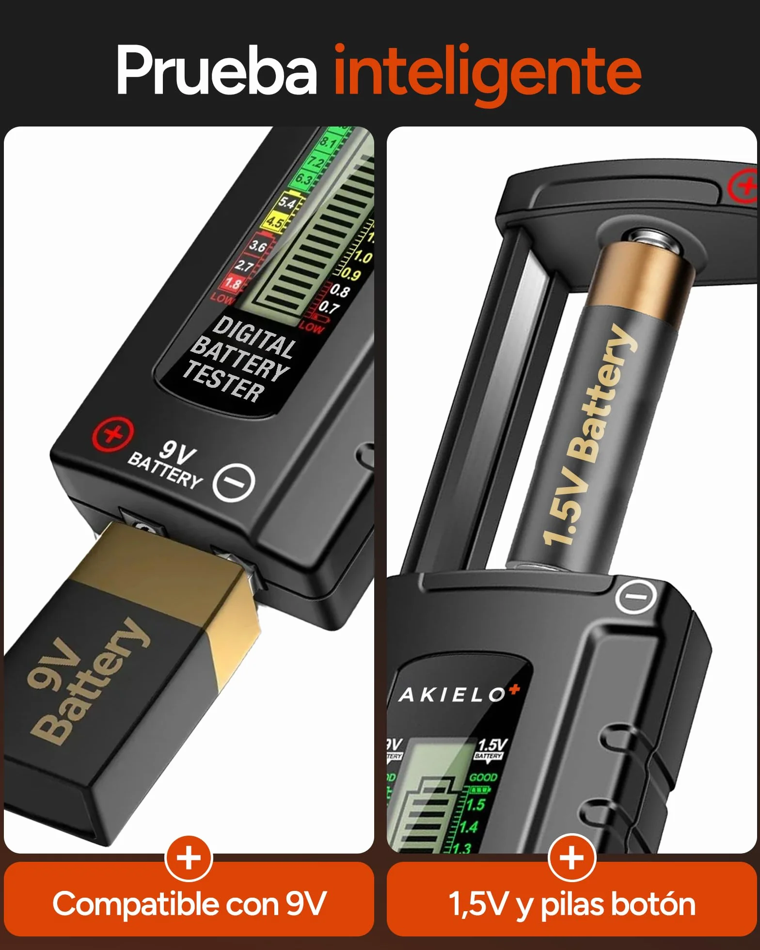 AKIELO+ Comprobador de Pilas Universal Digital – Pantalla LCD de Fácil Lectura – No Requiere Batería – Probador de Pilas Domésticas para AA AAA C D 9V y Pilas de Botón 1,5V
