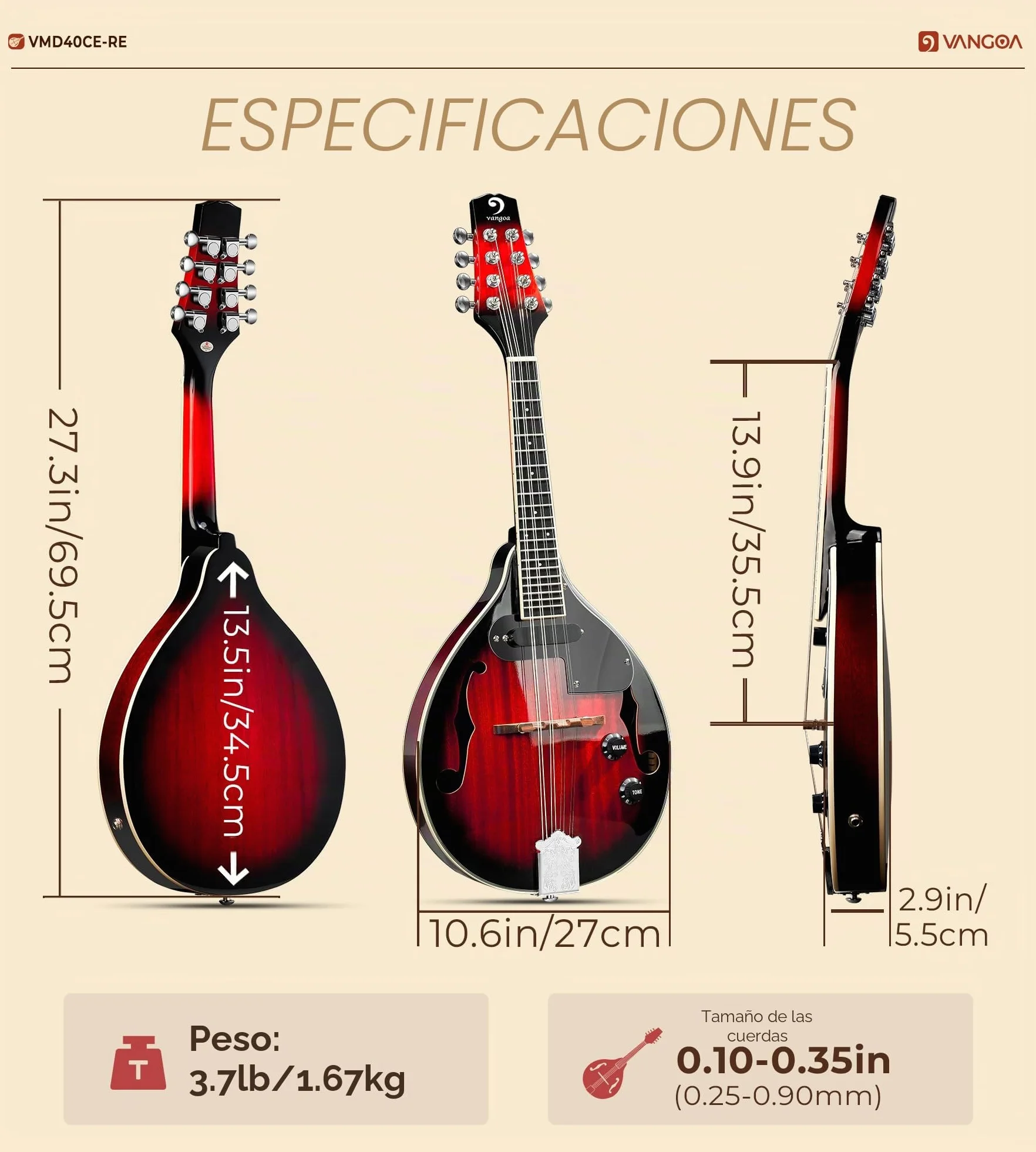 Vangoa Mandolina Eléctrica Acústica de Estilo A Instrumento de Mandolina para Principiantes Caoba Rojo con Bolsa de Concierto, Púas, Correa de Sintonizador de Cuerdas