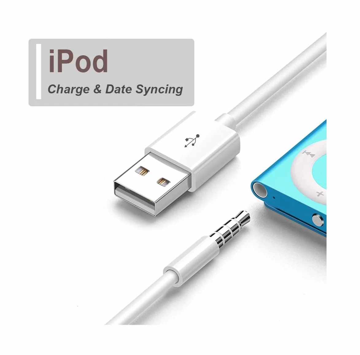 Cable para iPod Shuffle, conector jack de 3,5 mm a cargador USB + cable de repuesto de datos de sincronización compatible con iPod Shuffle, 3ª, 4ª, 5ª y 6ª generación, MP3/MP4, color blanco