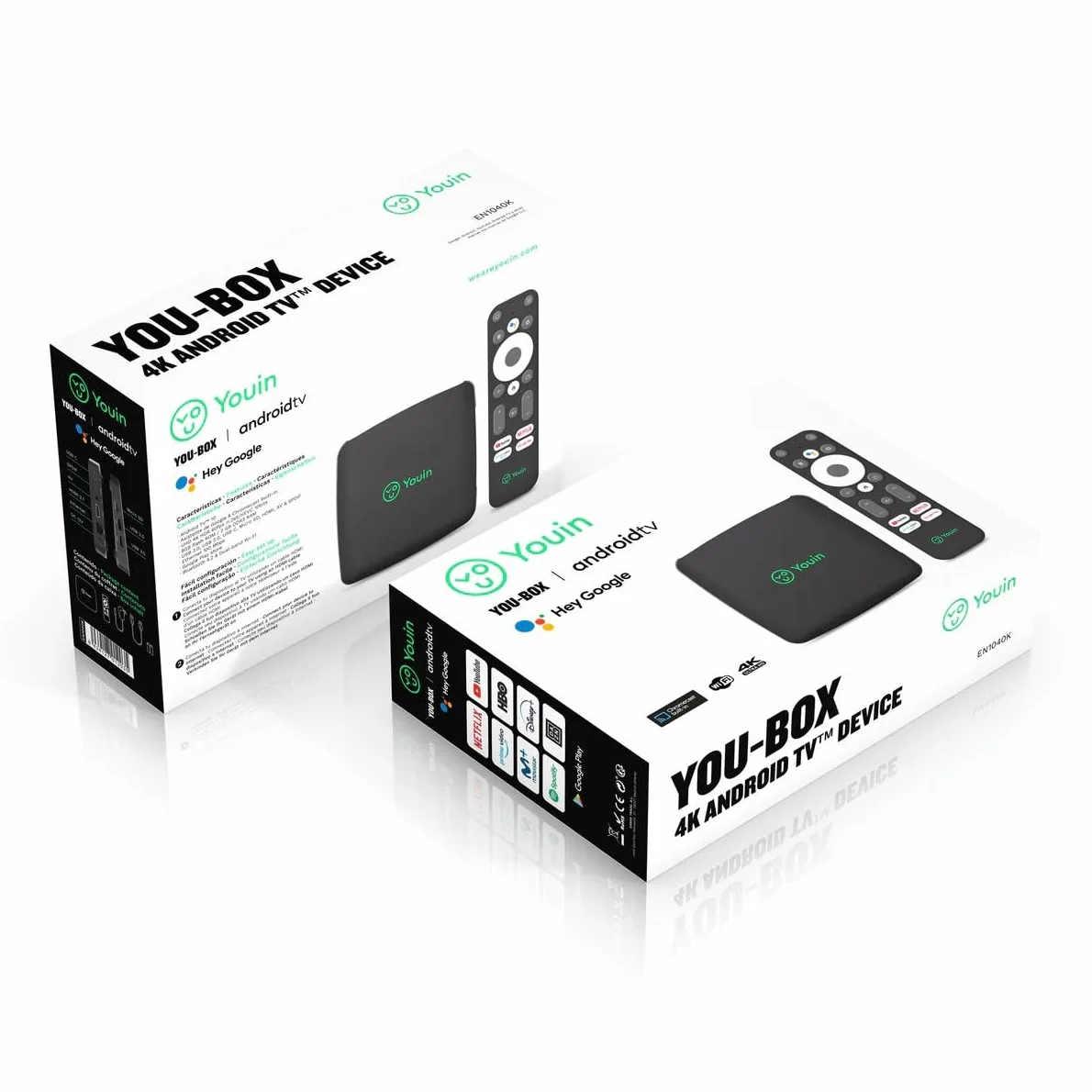 Youin EN1040K 4K UHD Smart TV z Android TV 12 Chromecast Google Assistant HDR 60fps H.265 WiFi Dual-Band Bluetooth USB HDMI Ethernet