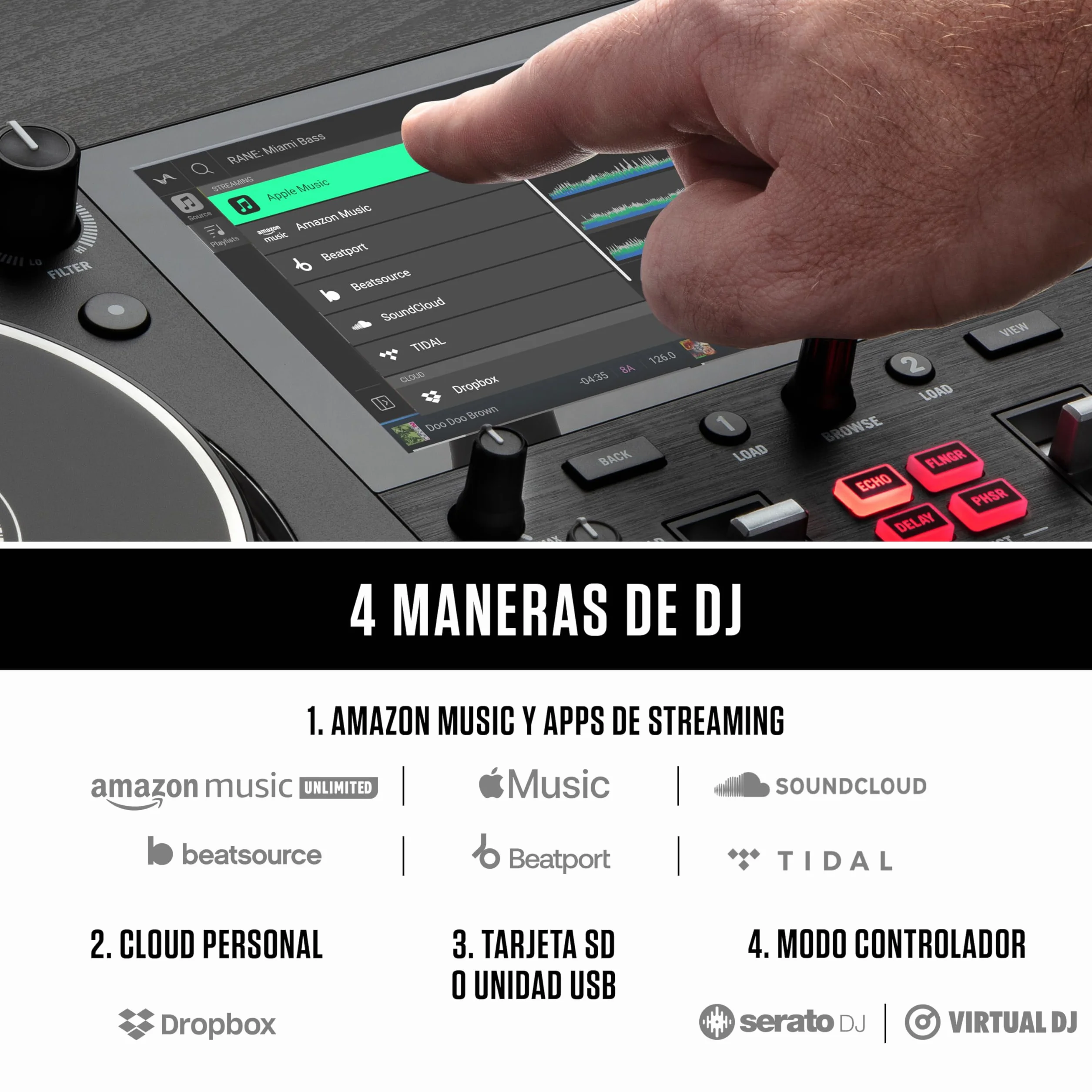 Numark Mixstream Pro+ Controlador DJ, separación de stems, 2 decks, streaming por wifi, mezclador, pantalla táctil 7" y altavoces; Serato y Virtual DJ