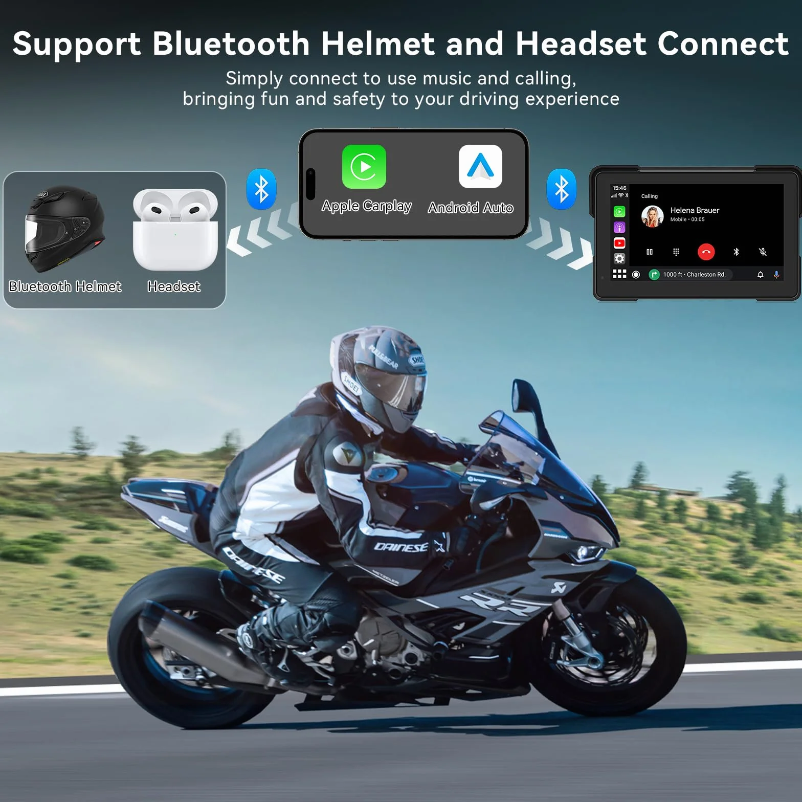 7 Pulgadas Pantalla Carplay de Motocicleta, IPX67 Impermeable, para CarPlay y Android Auto con Bluetooth Dual, Control de Voz, GPS, Detección de Presión de Neumáticos