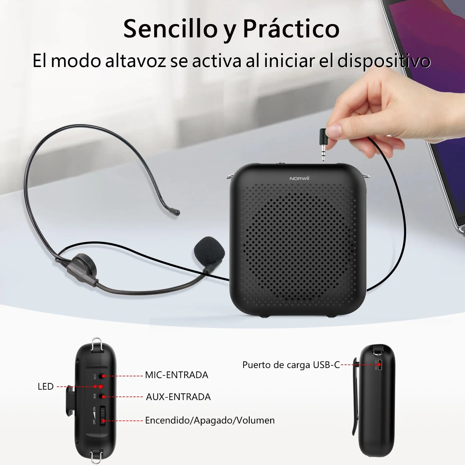 Norwii Amplificador de Voz, Micrófono Portátil con Cable para Profesores, Amplificadores de Potencia de Voz para Enseñanza en el Aula, Formación, Guías Turísticos, Entrenadores, USB-C Carga