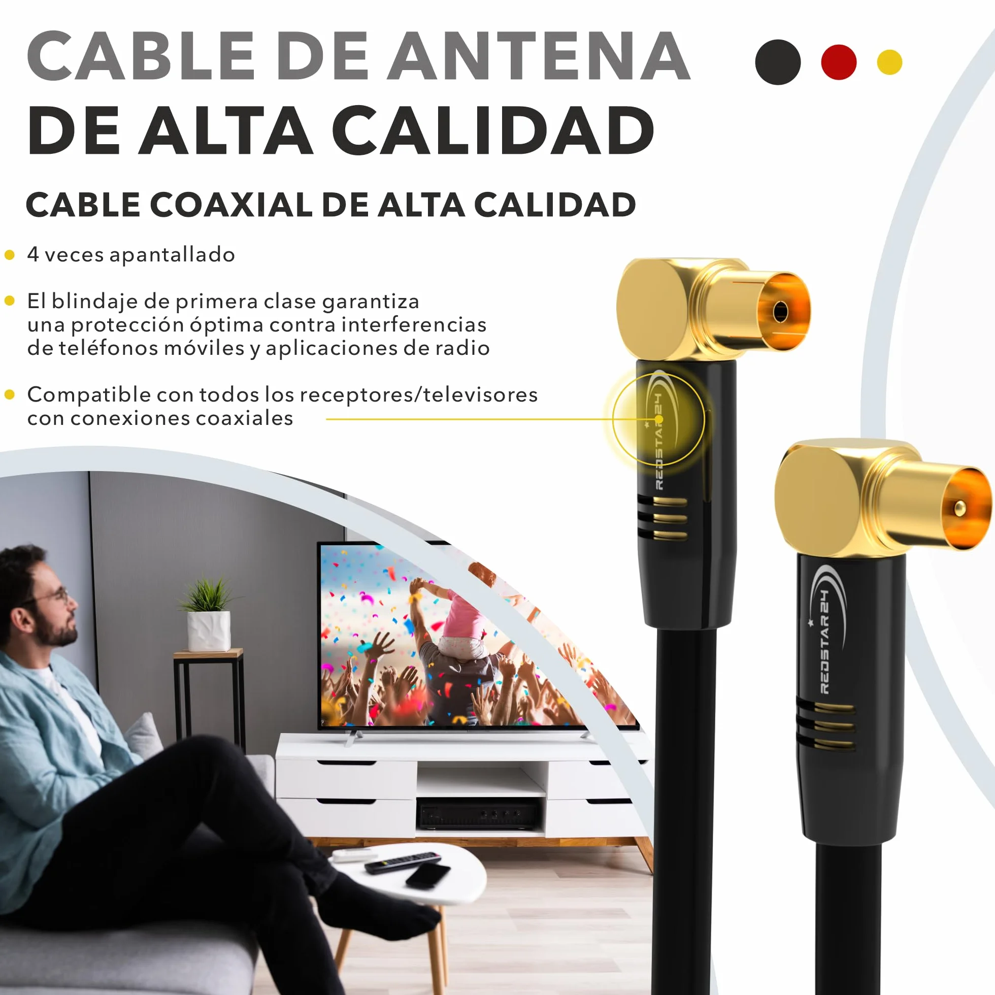 RedStar24 Cable de antena 5m Negro – 90° Ángulo Coaxial | Macho a Hembra – Cable Coaxial HDTV Premium para Televisión por Cable | Cable de TV: Compatible con TV, Radio, DVB-T/T2, DVB-C, DAB