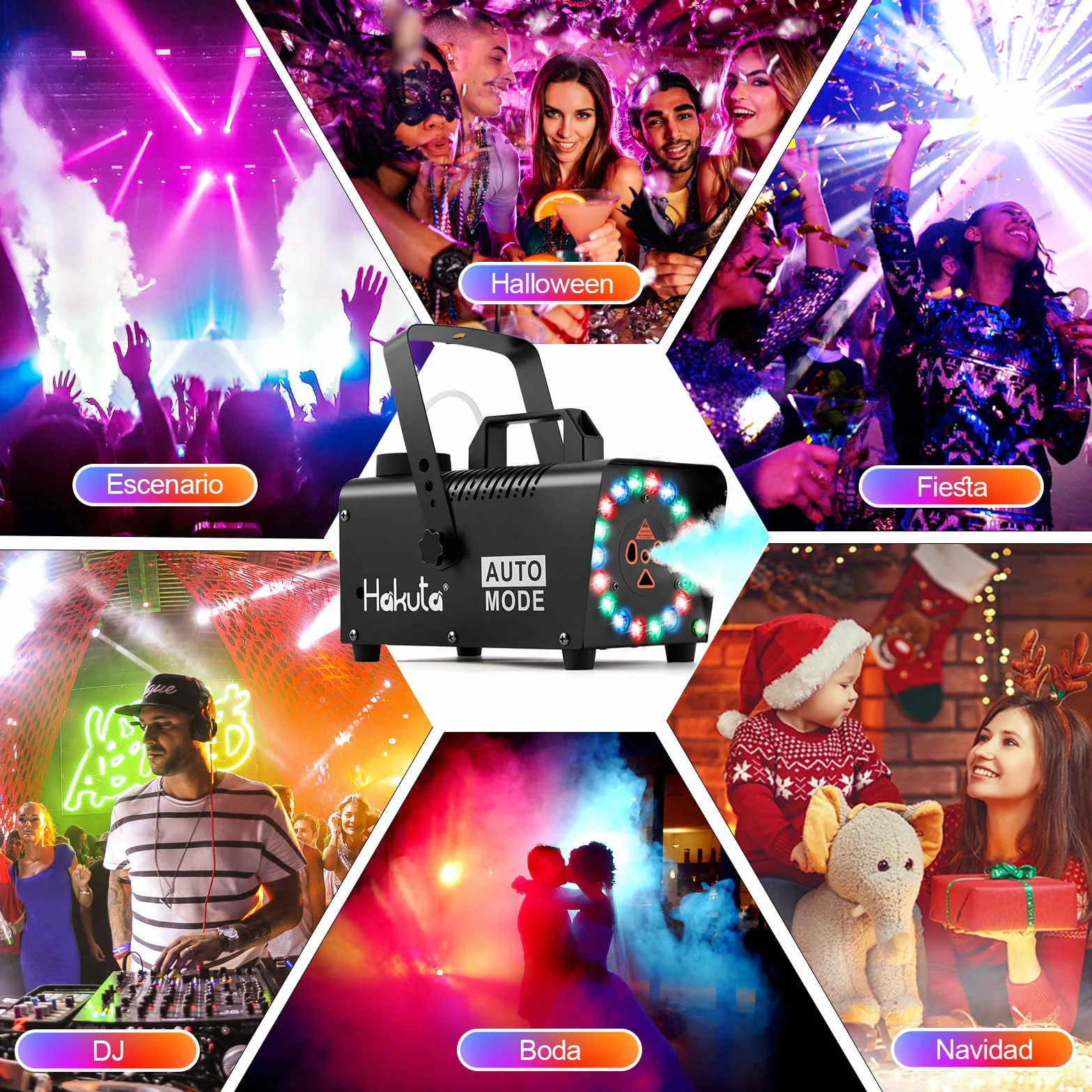 Hakuta Máquina de Niebla con 18 Luces LED, Mando a Distancia, Función Automática - Efecto Humo para Fiestas, Eventos en Interiores, Decoración Hogar (Negro)