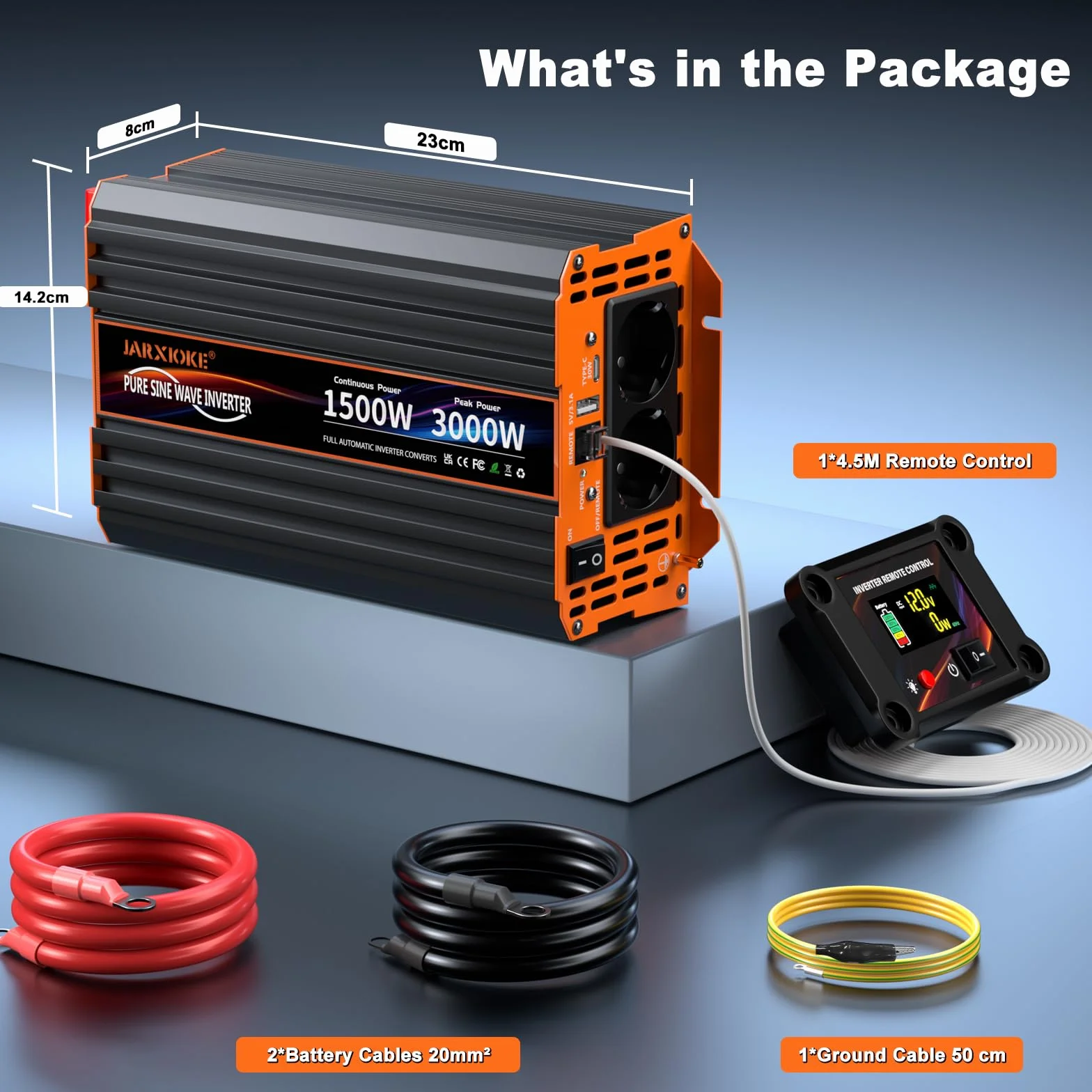 Inversor 12V 220V-230V Onda Pura 1500w Convertidor DC AC Transformador de Voltaje con Mando a Distancia & 2 Tomas de AC & Puerto USB para Coche Camion RV