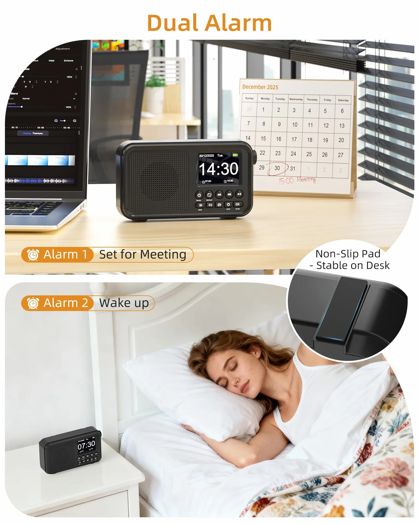 Mesqool Radio Digital Dab&FM con Bluetooth, Batería Recargable de 3000mAh, Compatibilidad con Tarjetas TF de 64GB, Carga Tipo C, Toma de Auriculares, 40 Presintonías FM & 40 Dab, Doble Alarma