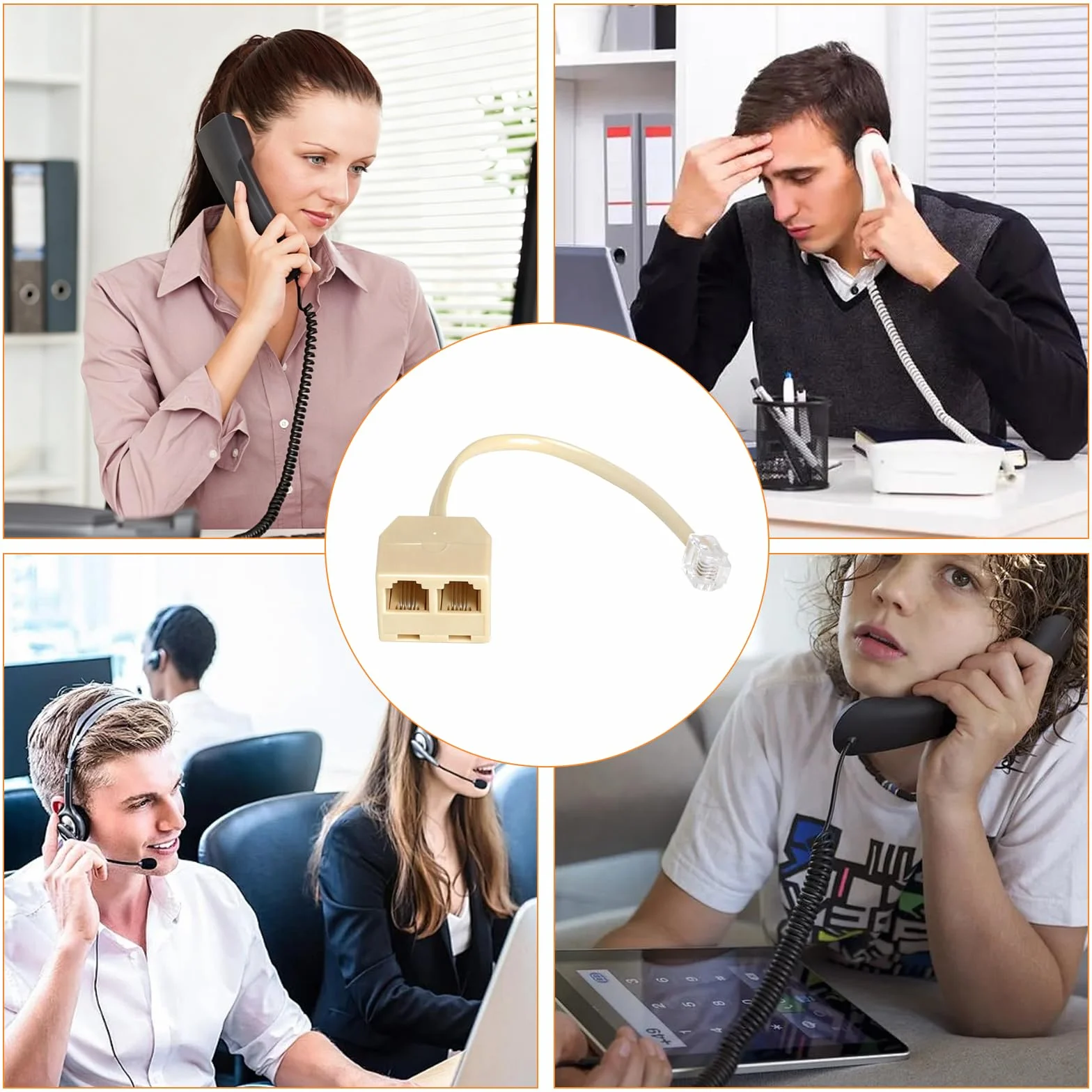 HENGBIRD 2 Piezas Divisor RJ11 para Teléfono Fijo, Adaptador de Teléfono a RJ11 6P4C, 1 Macho a 2 Hembra, Divisor Telefónico Fijo RJ11 para Cable Teléfono Fijo, Fax y Teléfono, Beige