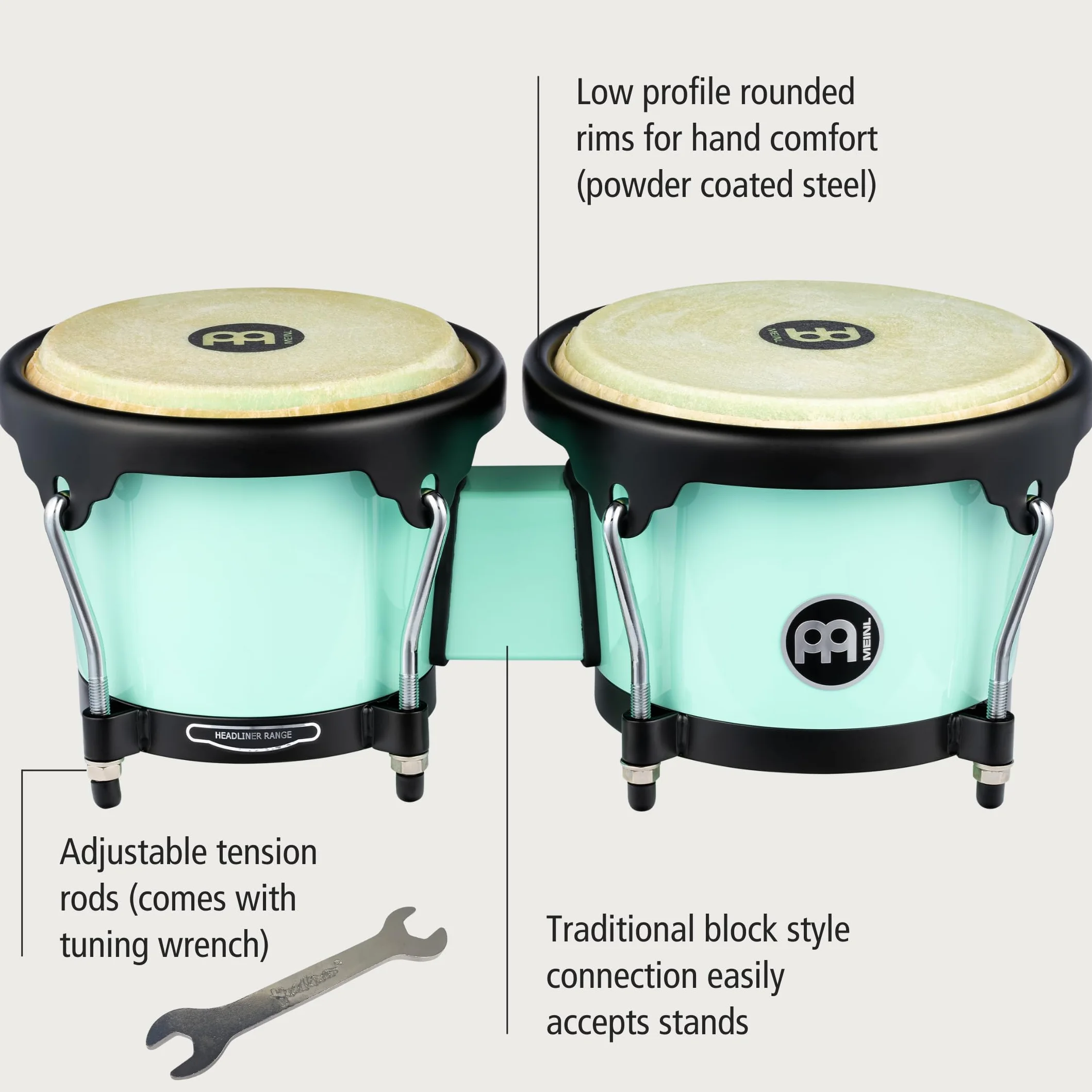 MEINL Percussion Headliner Bongo - Journey Series - Special Edition - 6 1/2" Macho & 7 1/2" Hembra - Seafoam Green (HB50SF)