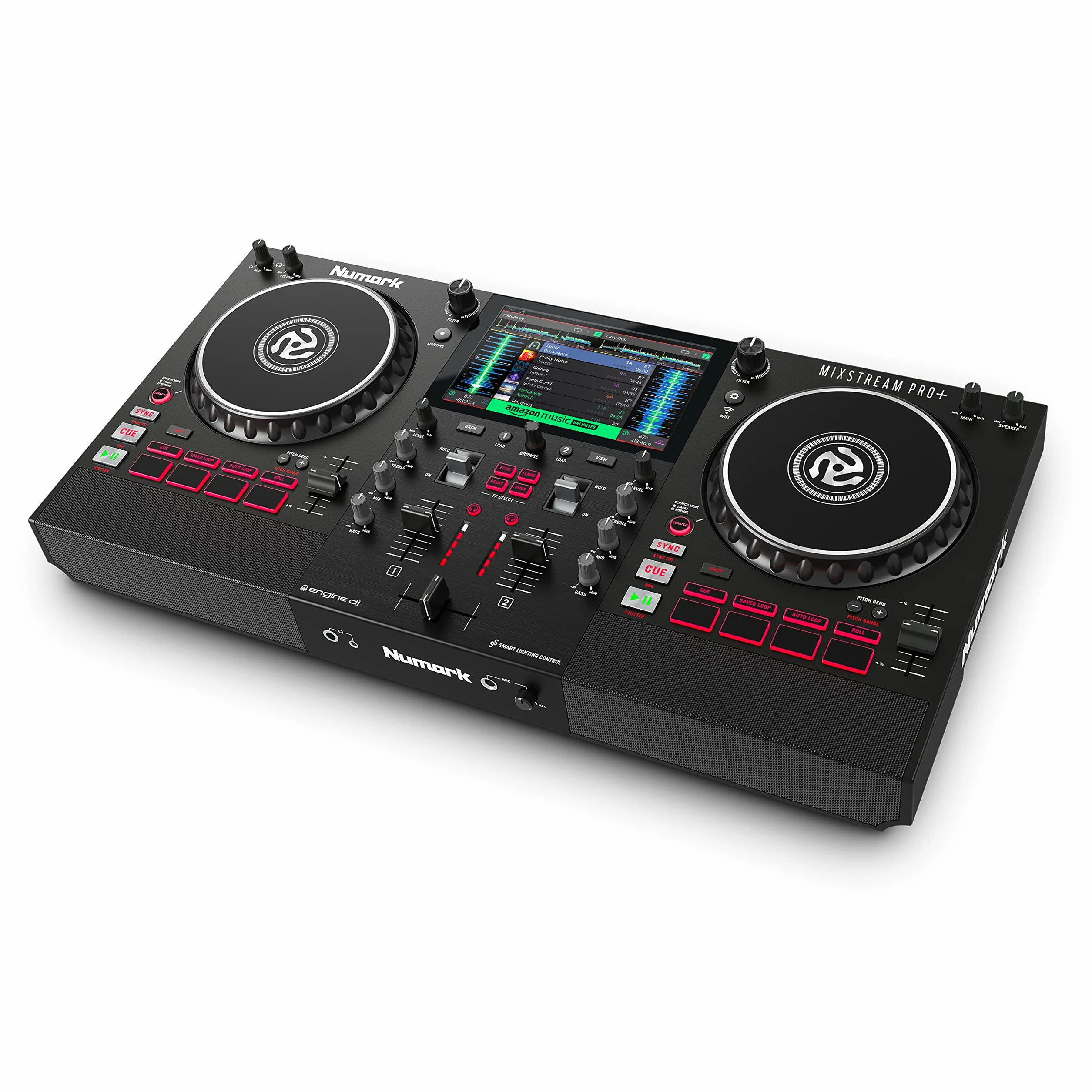 Numark Mixstream Pro+ Controlador DJ, separación de stems, 2 decks, streaming por wifi, mezclador, pantalla táctil 7" y altavoces; Serato y Virtual DJ