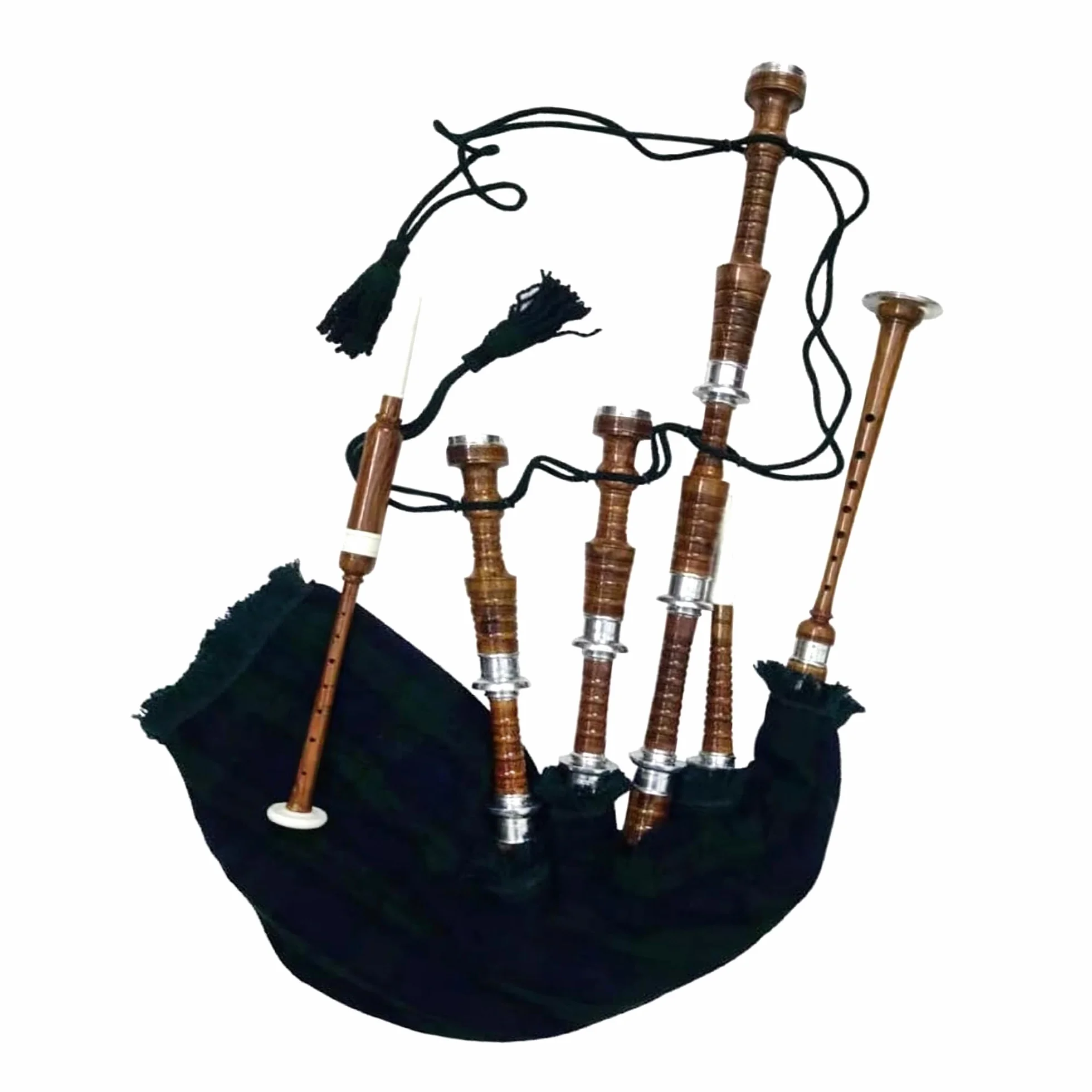 Great Highland Bagpipes - Gaita de palisandro natural con herrajes plateados, tamaño completo, tocable, con libro y bolsa de transporte gratuitos