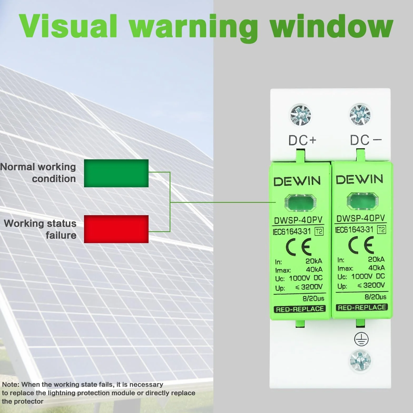 DEWIN Dispositivo de protección contra sobretensiones, 2P 40KA Dispositivo de pararrayos fotovoltaico DC 1000V Protector contra sobretensiones Dispositivo de protección contra rayos Carril DIN de 35mm