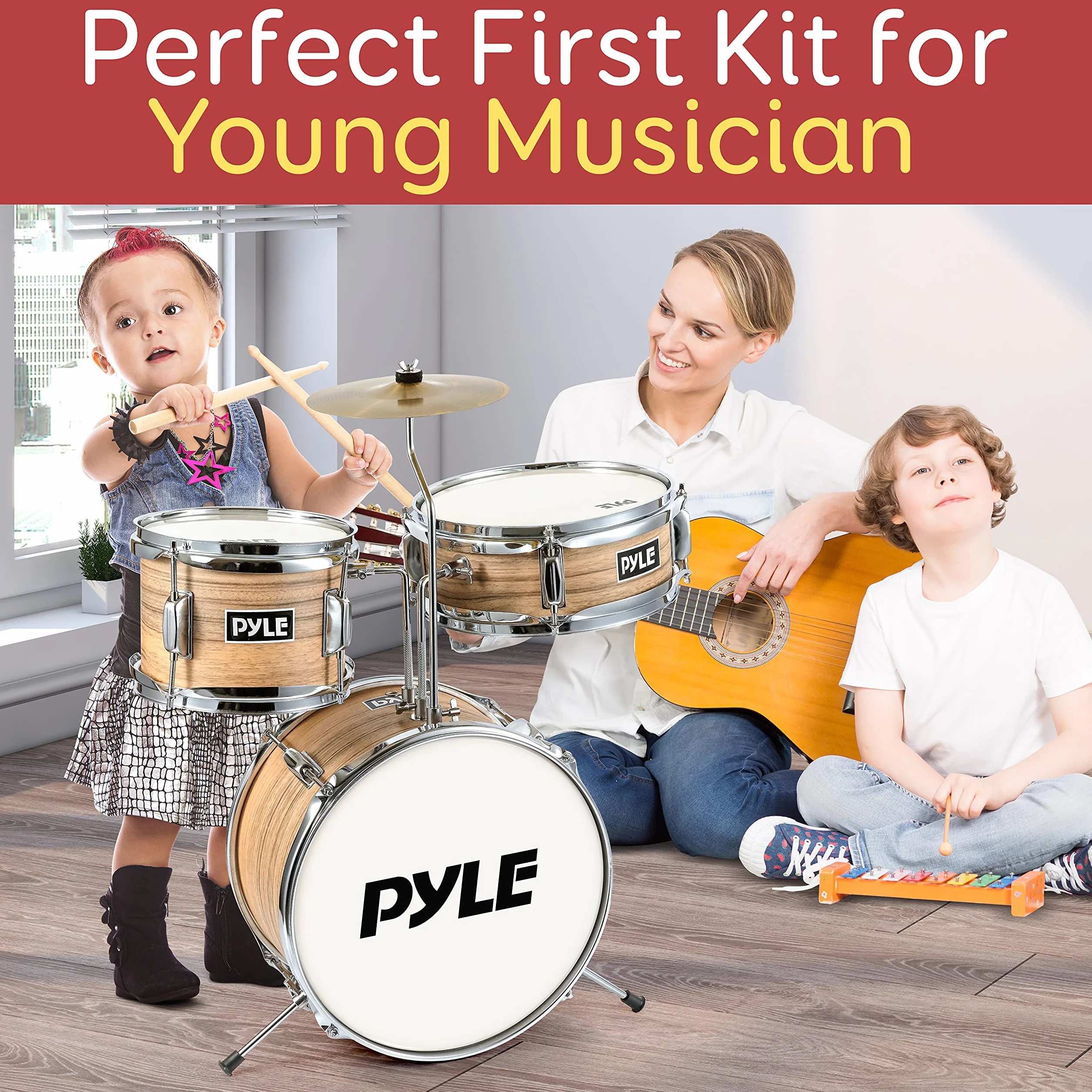 Pyle bateria infantil 5 años en adelante, Principiantes, Bombo de 13”, Snare, Tom, Platillo, Banqueta, Sordinas, Baquetas