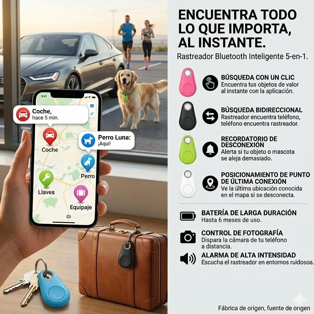 Rastreador Bluetooth Android, Tag Localizador de Llaves, Moto Tag Perros Gatos, Llavero Maleta, Alarma Antirrobo, Sin Suscripción