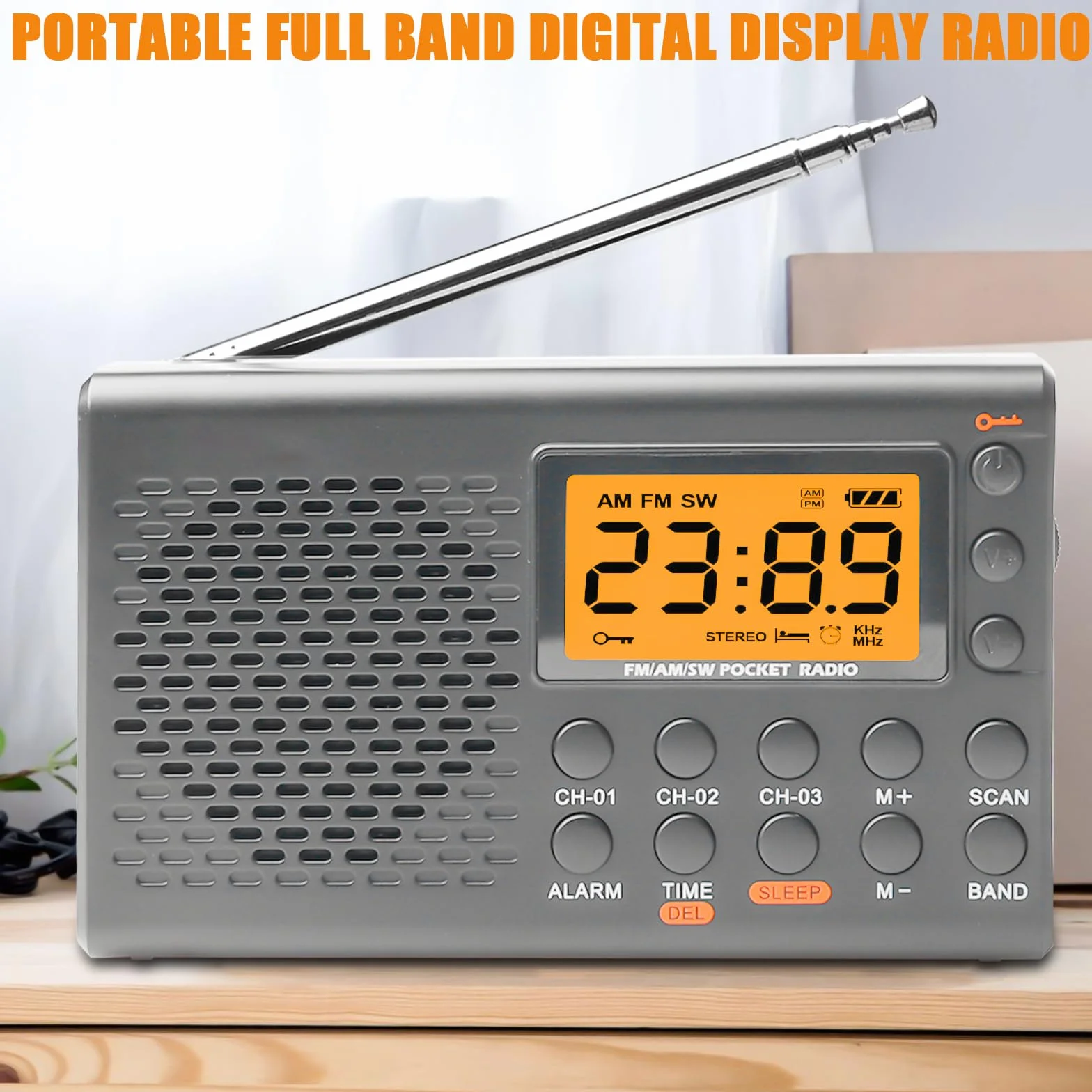 radio portátil, AM, FM, SW con pantalla LCD, pilas, altavoz integrado, alarma, temporizador de sueño, conexión para auriculares, cocina, 35 ajustes preestablecidos
