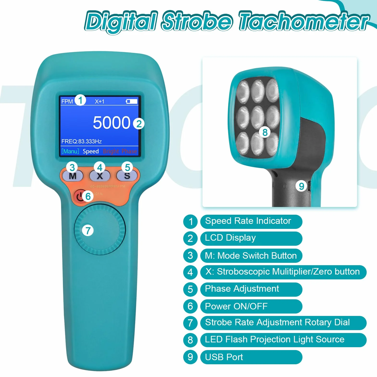 Estroboscopio Digital de Mano 60-99999 FPM, Estroboscopio LED sin Contacto YF-DT100B, Tacómetro Estroboscópico de 1500 lux con Pantalla LCD a todo Color, Velocímetro Estroboscópico 2200 mAh