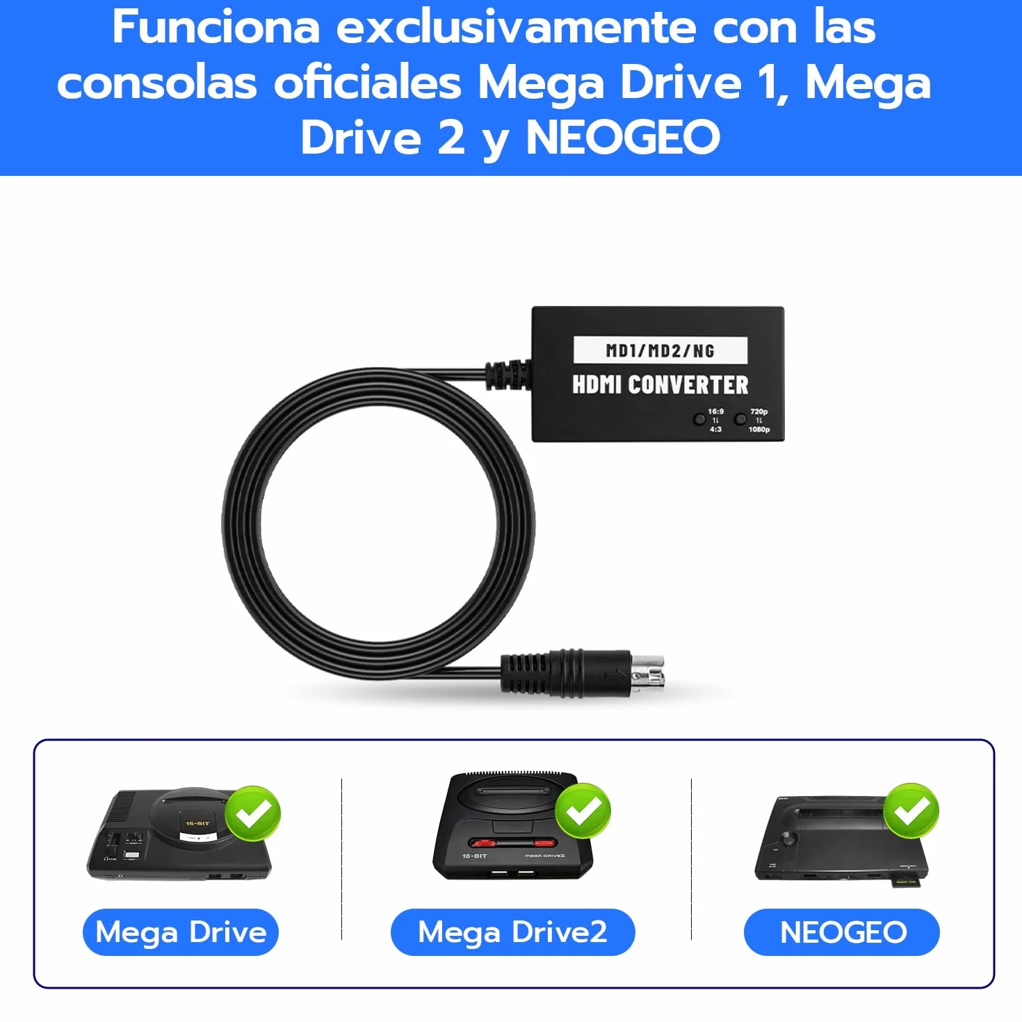 Mcbazel Adaptador HDMI Seamless para Mega Drive/Neogeo HDTV, convertidor de vídeo Multifuncional 4:3/16:9, 720P/1080P（Consola Original sin modificar y Salida RGB necesaria）