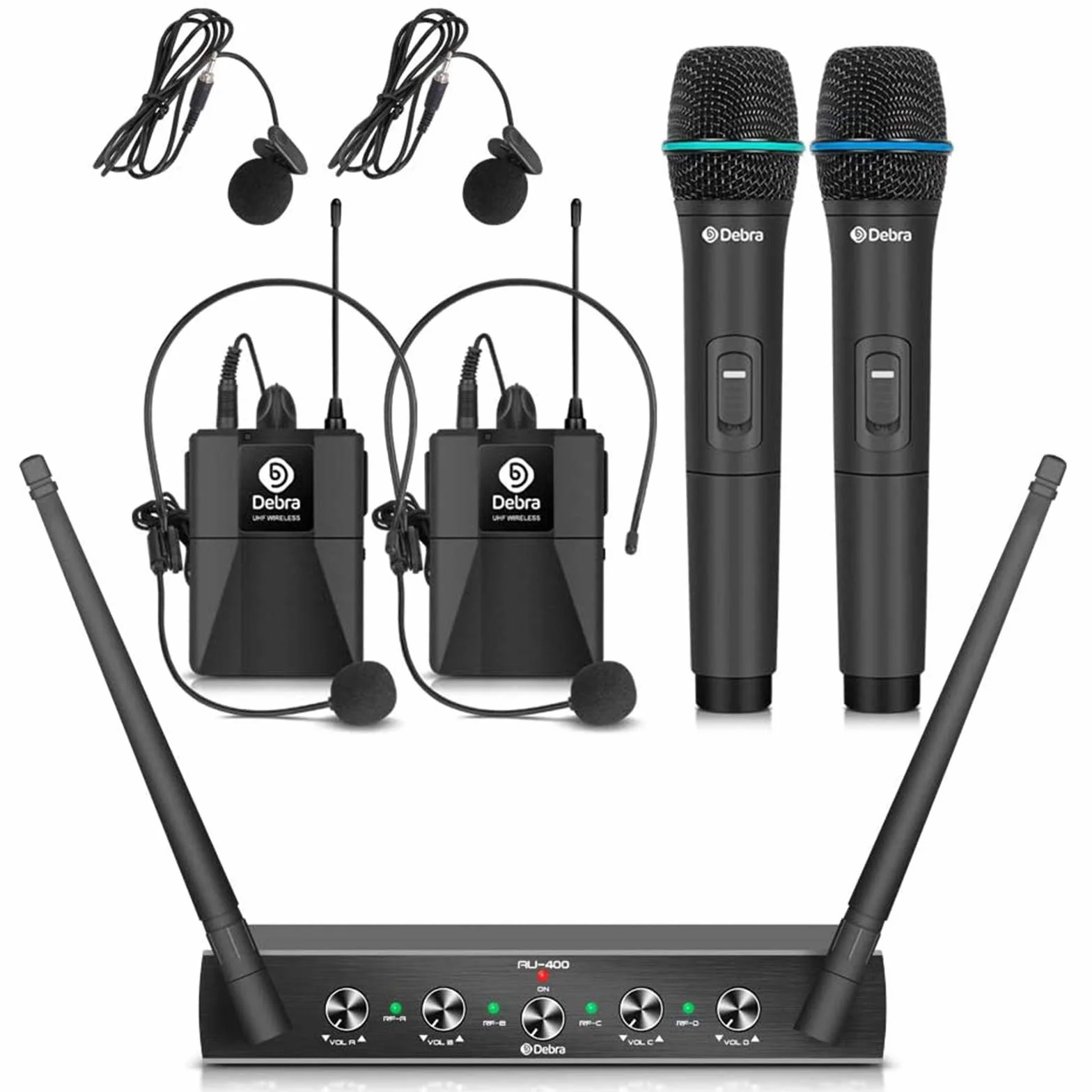 D Debra Micrófono Inalámbrico Diadema, Sistema, 100m Alcance, para Fiesta, 2 Portátiles y 2 Bodypack, Frecuencia A