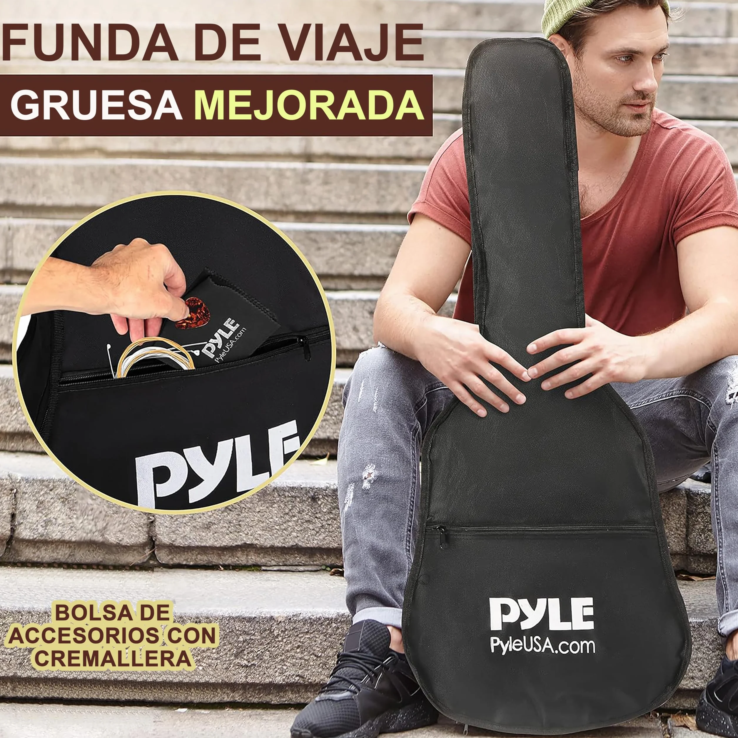 Pyle guitarra electrica, Resonador tradicional, 6 cuerdas, Preamplificador incorporado, Accesorios