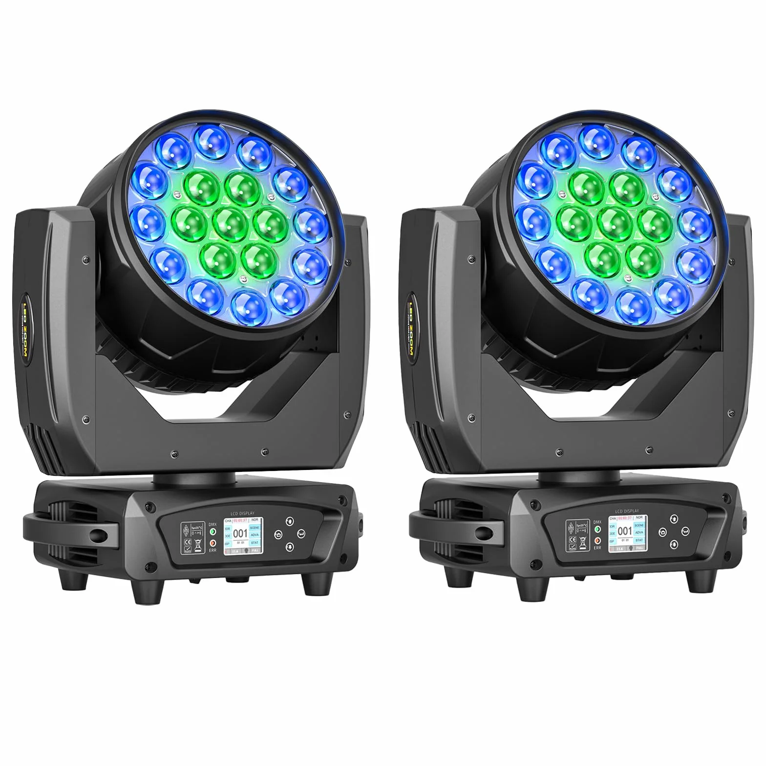 2 Piezas 19 X 15W Wash Zoom Cabeza Móvil, RGBW 4 en 1 LED Enfocando Luz 4 Modos de Control Profesional Escenario Moving Head para Fiesta KTV Concierto Bar Festival Boda Discoteca