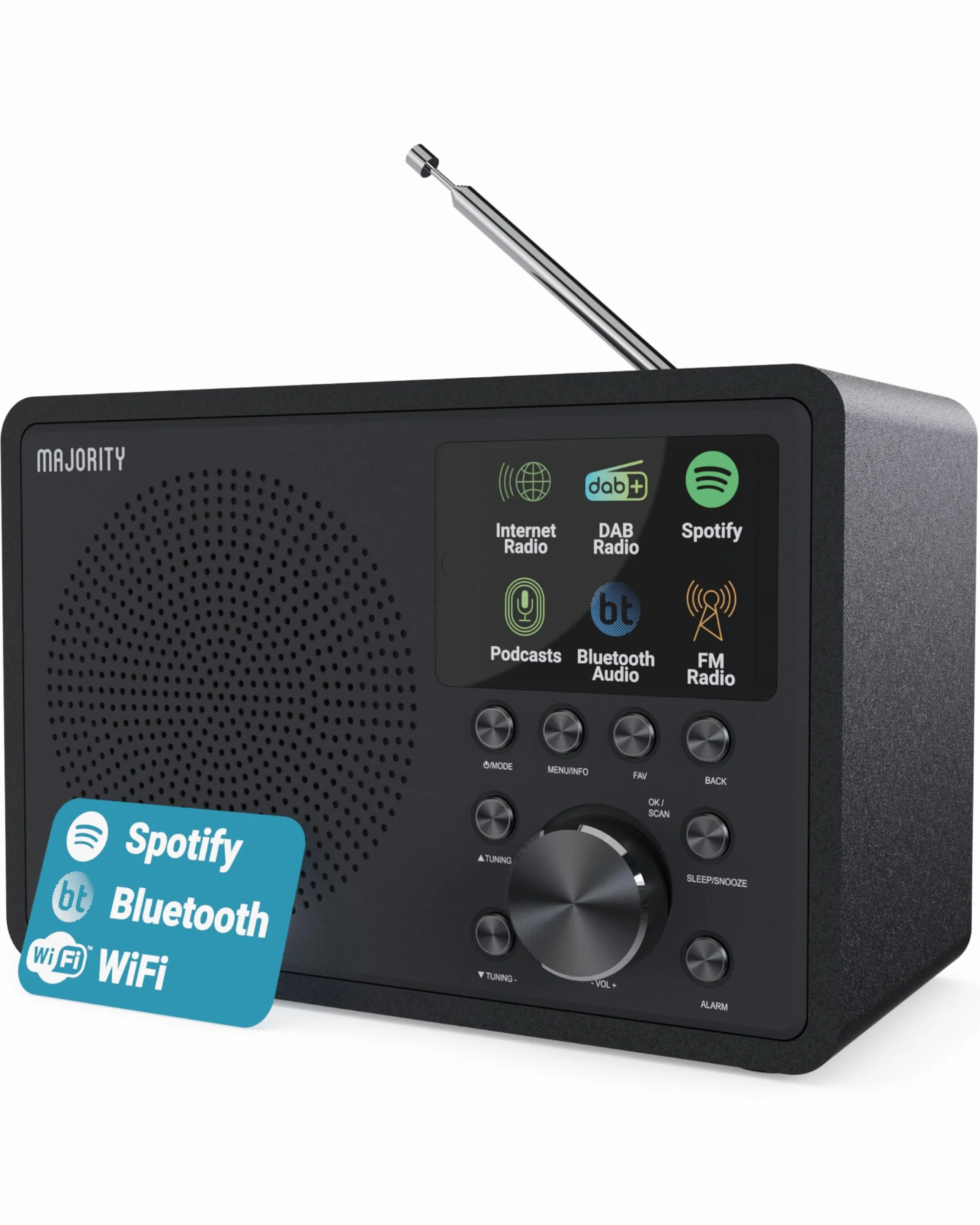 MAJORITY Radio Internet con Bluetooth | Dab+ FM Radio Internet WiFi | Radio WiFi con Altavoz DSP | Internet Radio con Spotify Connect y Podcasts | Multialarma, Control de la Aplicación Oktiv Touro