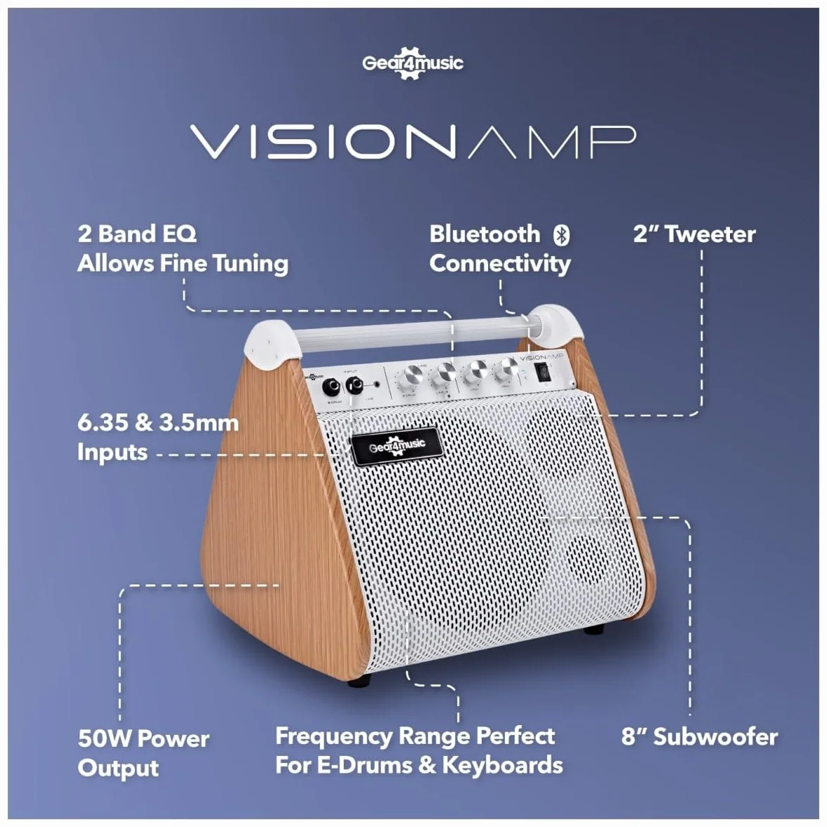 VISIONAMP Amplificador de Batería Electrónica y Teclado de Piano Electrónico Portátil de 50W - Blanco