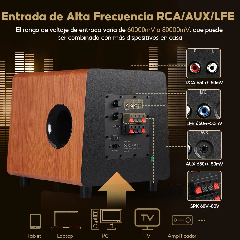 AIYIMA 800X Subwoofer Activo 8 Pulgadas 150W Pico 100W RMS Amplificador Integrado MDF 30Hz-300Hz RCA AUX LFE