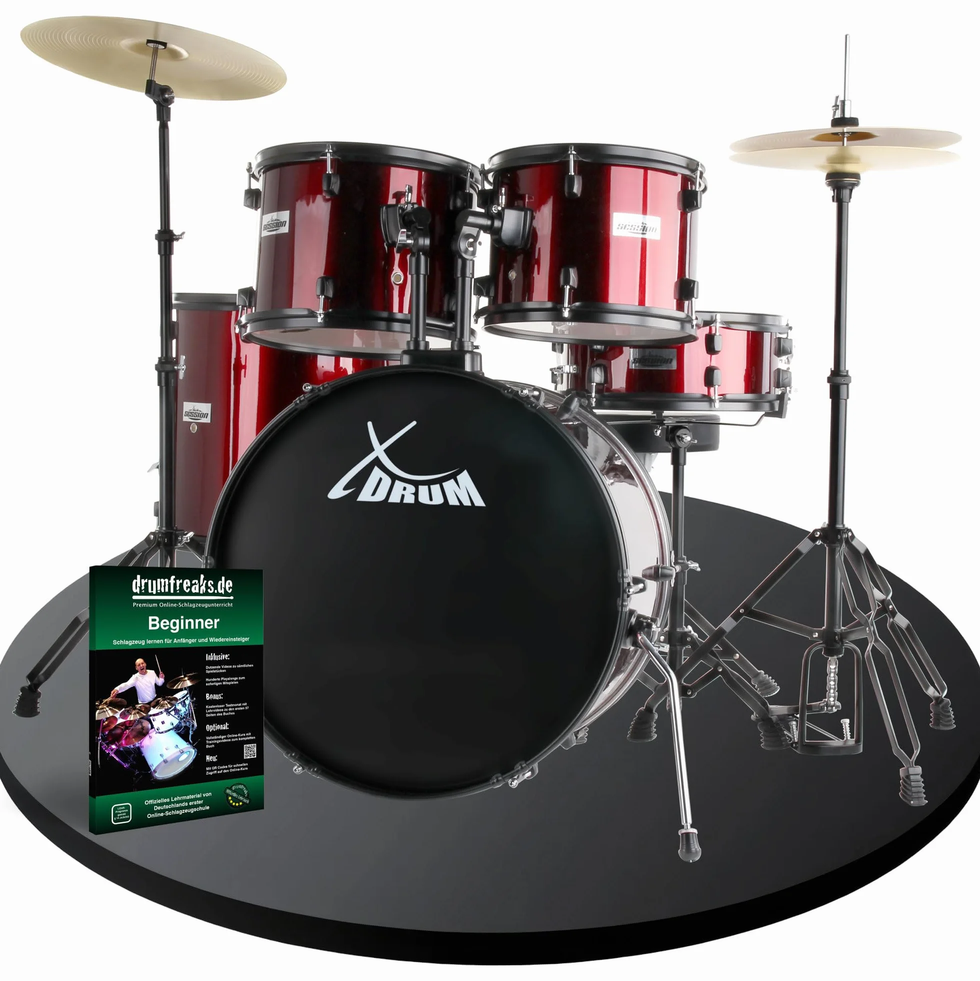 XDrum Rookie 22" Standard Juego Completo de Batería Ruby Red - Ideal para Principiantes - Hardware Estilizada en Negro - Incluye Baquetas 5B, Manual de Montaje y Escuela de Batería - Rojo