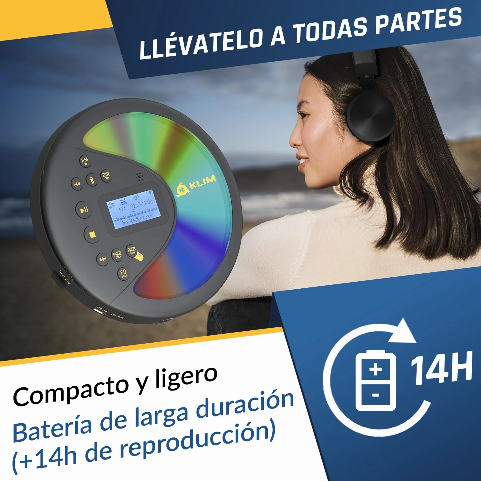 Klim Discover Reproductor CD Portátil Discman Radio FM Bluetooth MP3 SD Batería Larga Negro/Dorado