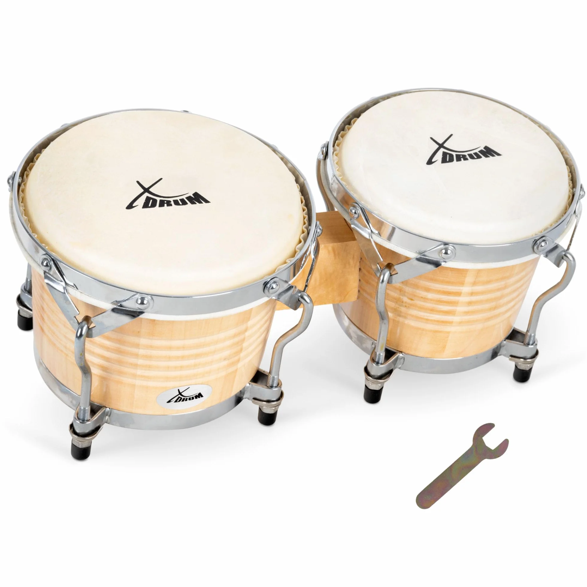 XDrum Bongos Pro Natur - 2 tambores con diámetros de 6,5" (17 cm) y 7,5" (20 cm) - Bongos con parches naturales afinables, llave de afinación y soporte - Tambores de madera en color natural