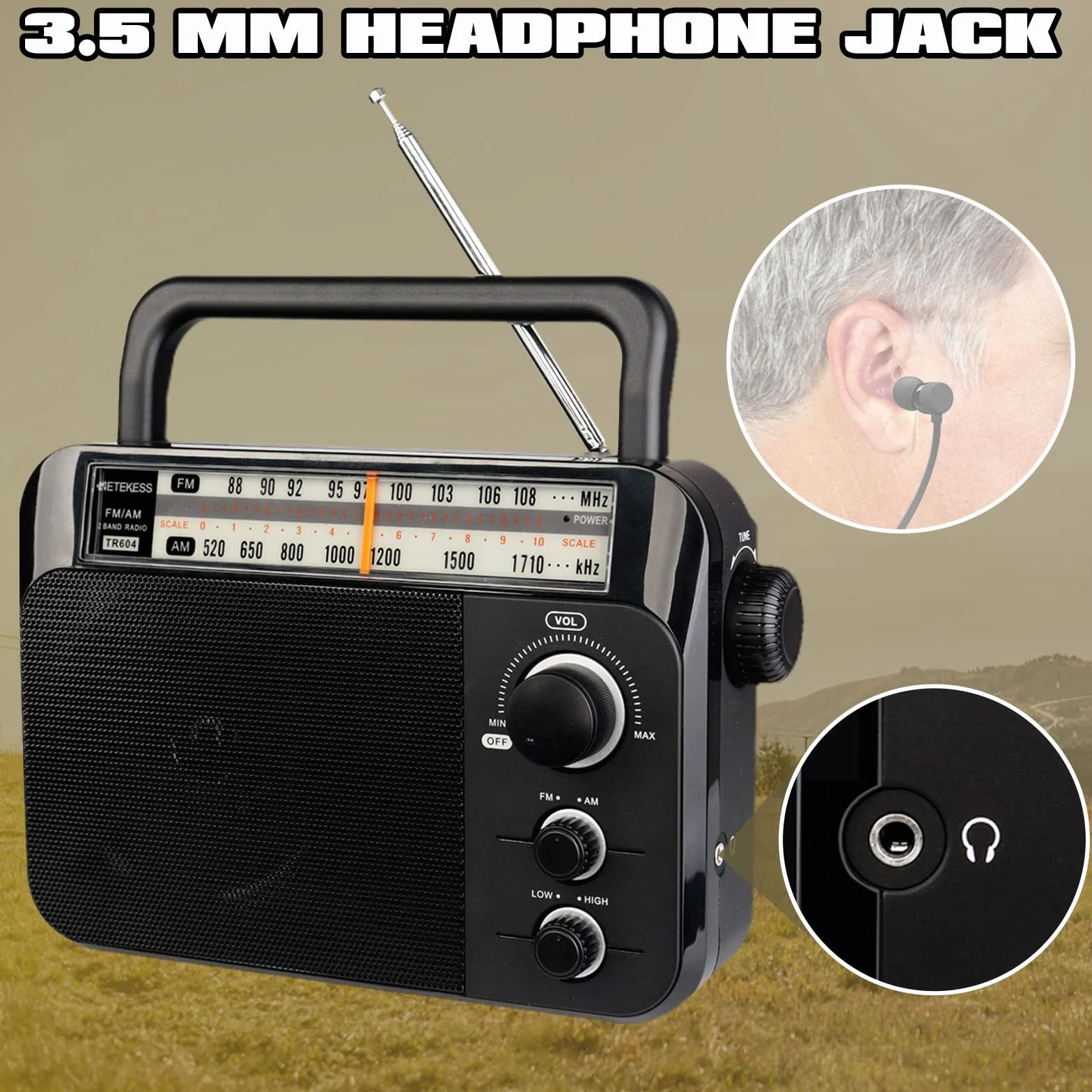 Retekess TR604 Radio portátil, Radio Am FM,Perilla Grande, Altavoz Grande,Admite Ajuste de Agudos y Graves, Fácil y Simple de Usar, Adecuado para Personas Mayores