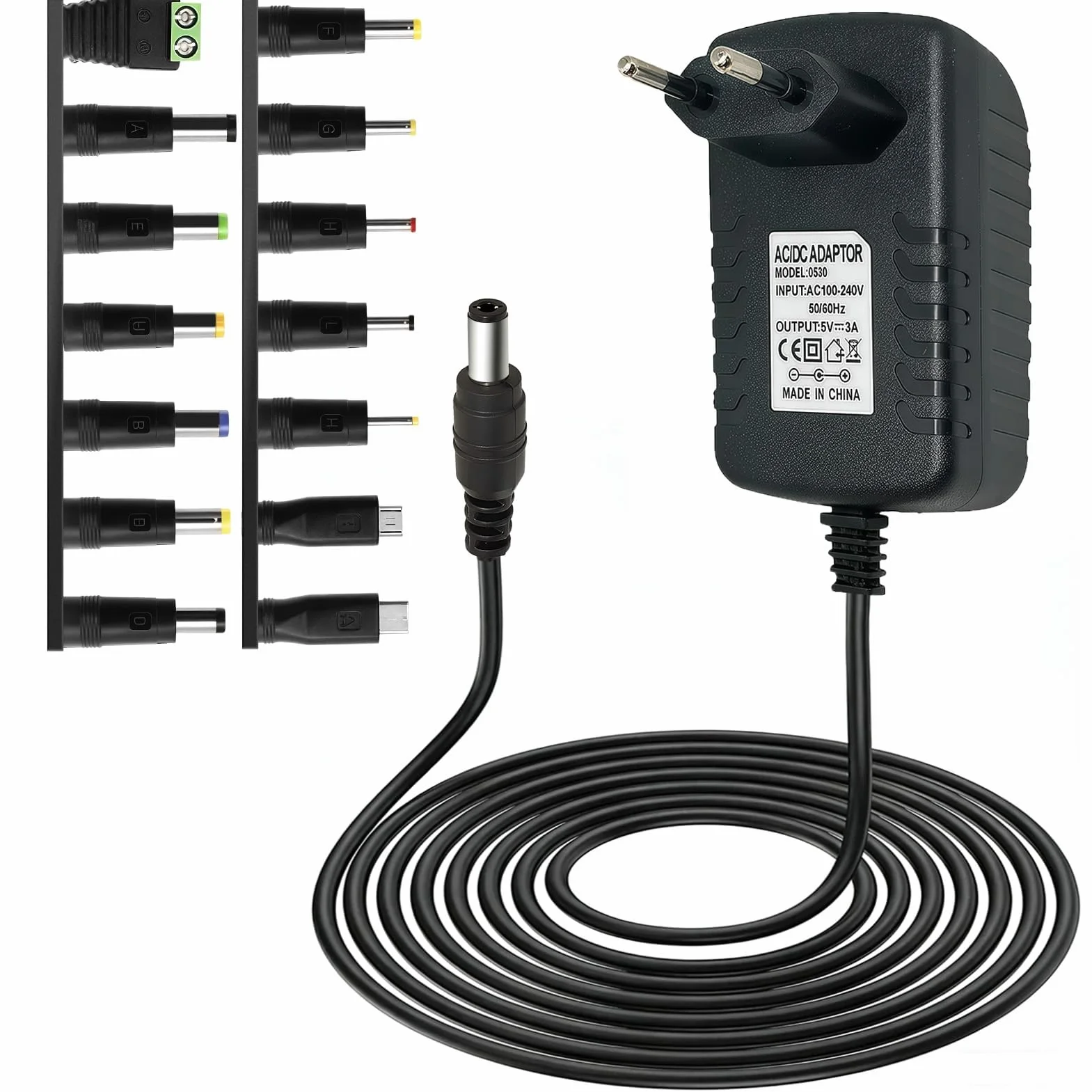5V - Adaptador Universal DC5 V, 1 A, 2 A, 3 A, Cargador AC a DC Transformador Multiples Clavijas con 14 Adaptadores de Enchufe DC Fuente de Alimentación para Cámaras CCTV Tiras de Luz LED TV Box