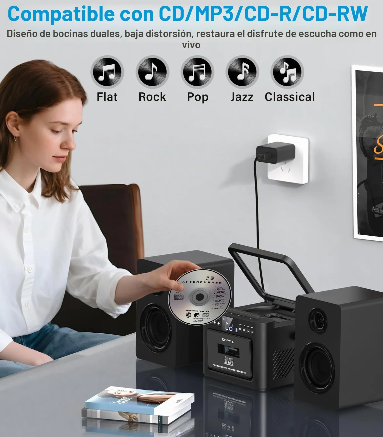 Sistema estéreo para el hogar con reproductor CD y cassette, altavoces 40 W Bluetooth, radio FM/USB/TF/AUX/control remoto, alta fidelidad