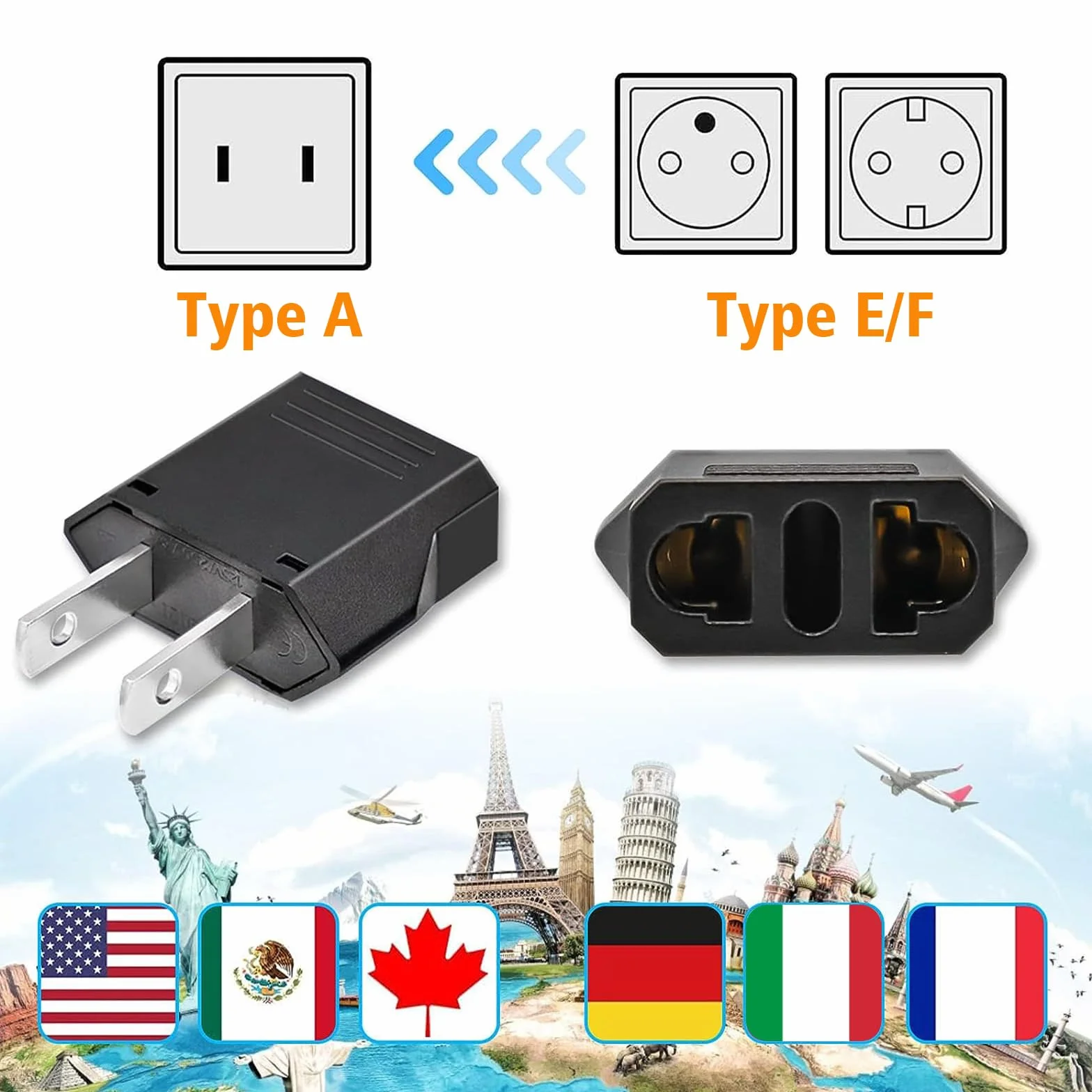 Adaptador Enchufe Europeo a Americano Tipo C/E/F/L/N a Tipo A 4 Piezas Negro para Viajeros USA Japón México Canadá