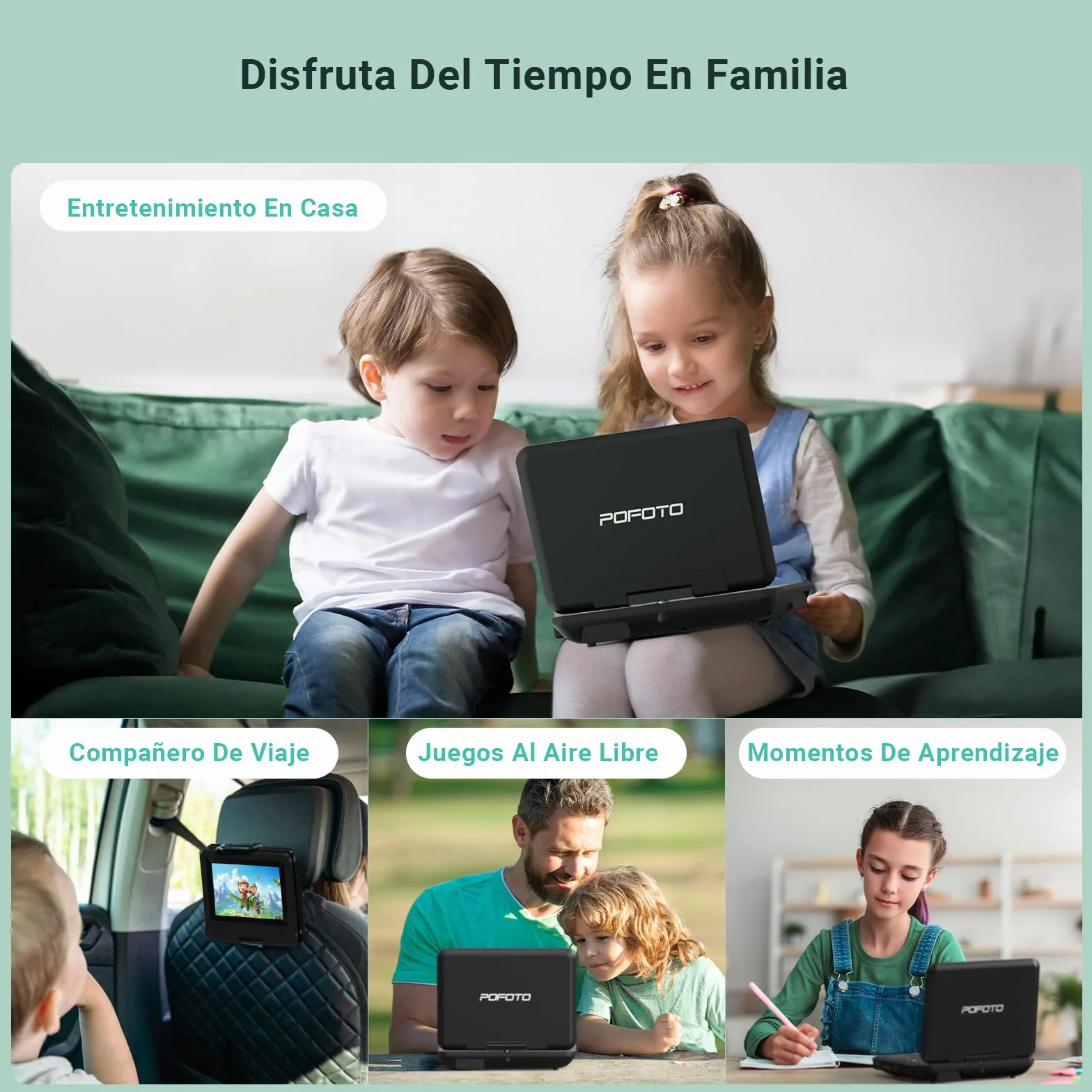 POFOTO Reproductor DVD portátil 9,5'' Pantalla giratoria HD 7,5'' 6h Autonomía Altavoz estéreo Discos/SD/USB Sincronización TV Antigolpes Negro