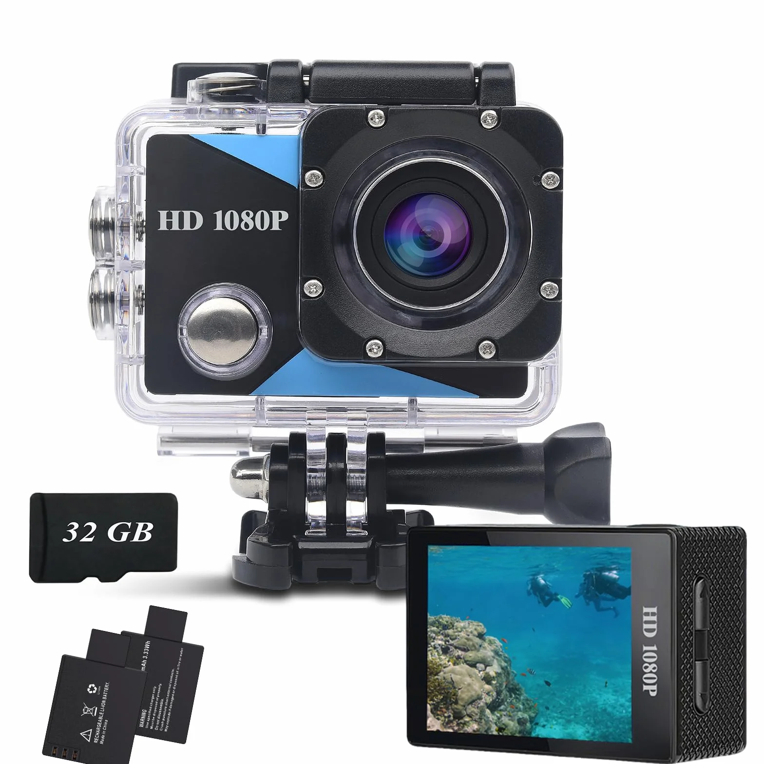 Cámara Deportiva 1080P Avec Carte Mémoire 32GB, 12MP Cámara de acción con Gran Angula Lente, Cámara Subacuática Impermeable 30M/98FT con 2 Baterías y Accesorios Kit para Casco y Bicicleta, etc.