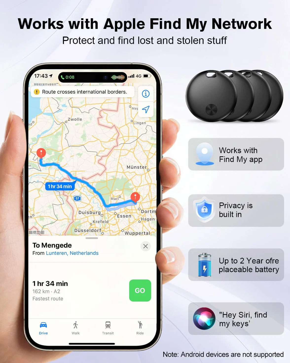 Smart Tracker Tag 4 Pack, Buscador de Objetos Bluetooth Funciona con Buscar Apple (Sólo iOS), Resistente al Agua IP67, Baterías Reemplazo, Rastreador para Llaves, Cartera, Equipaje, Mochila