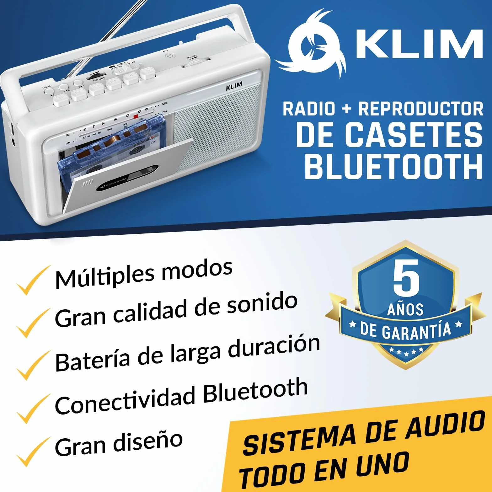 KLIM Boombox Cassette Player AM/FM Radio Bluetooth USB Retro Portable - White Frost