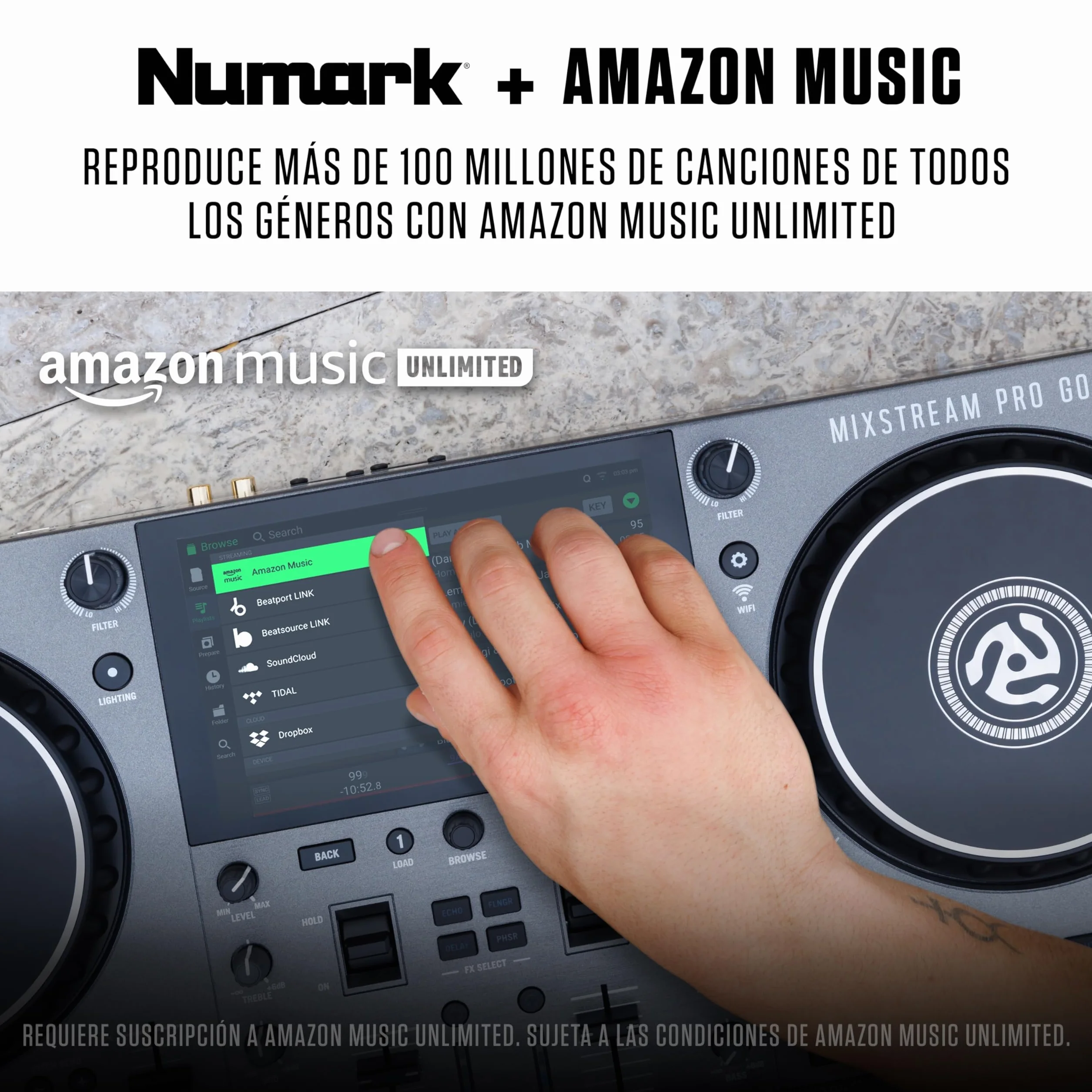 Numark Mixstream Pro Go Controlador DJ portátil, batería, mezclador con separación de stems, altavoces, streaming wifi, pantalla táctil y Serato DJ
