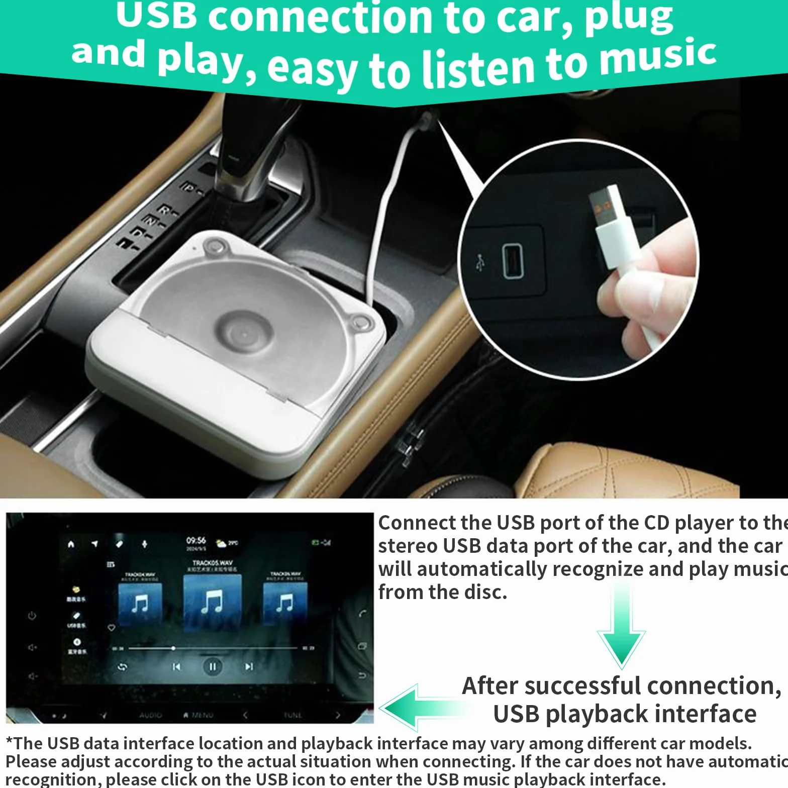Reproductor de CD portátil para coche USB AUX externo blanco con mando a distancia