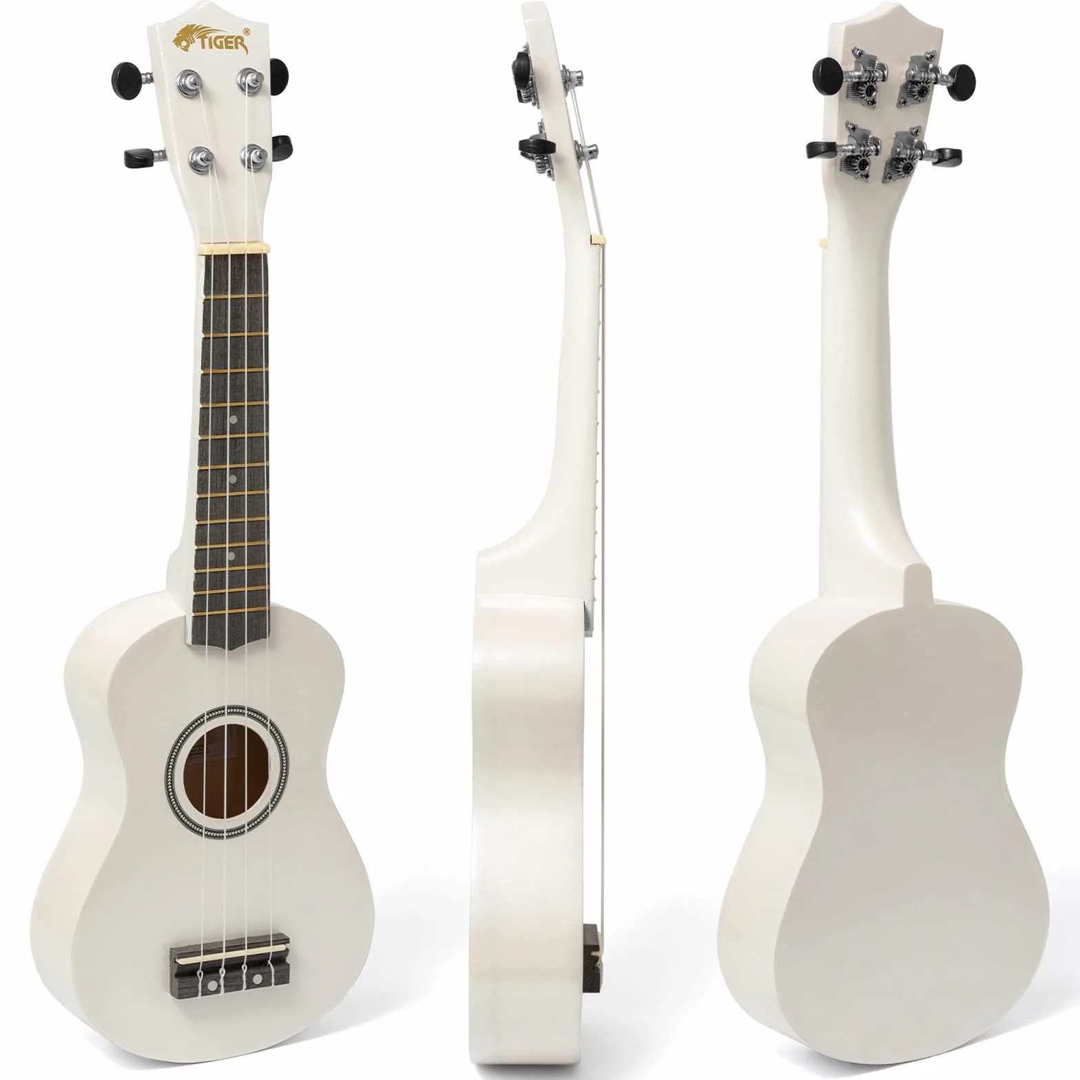 Tiger UKE7 Ukelele soprano para principiantes incluye funda, púa de fieltro, juego de cuerdas de repuesto. Nuevo de este 2020, ahora equipado con cuerdas Aquila,Blanco